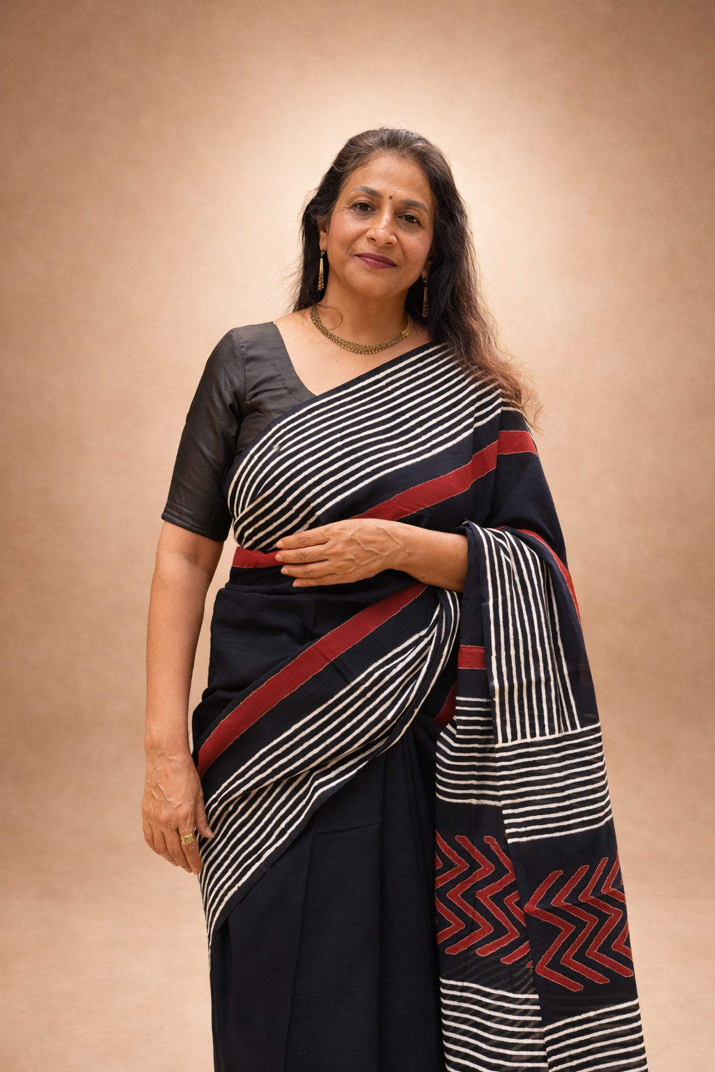 Ambika: Black Sanganeri Block Print Cotton Saree