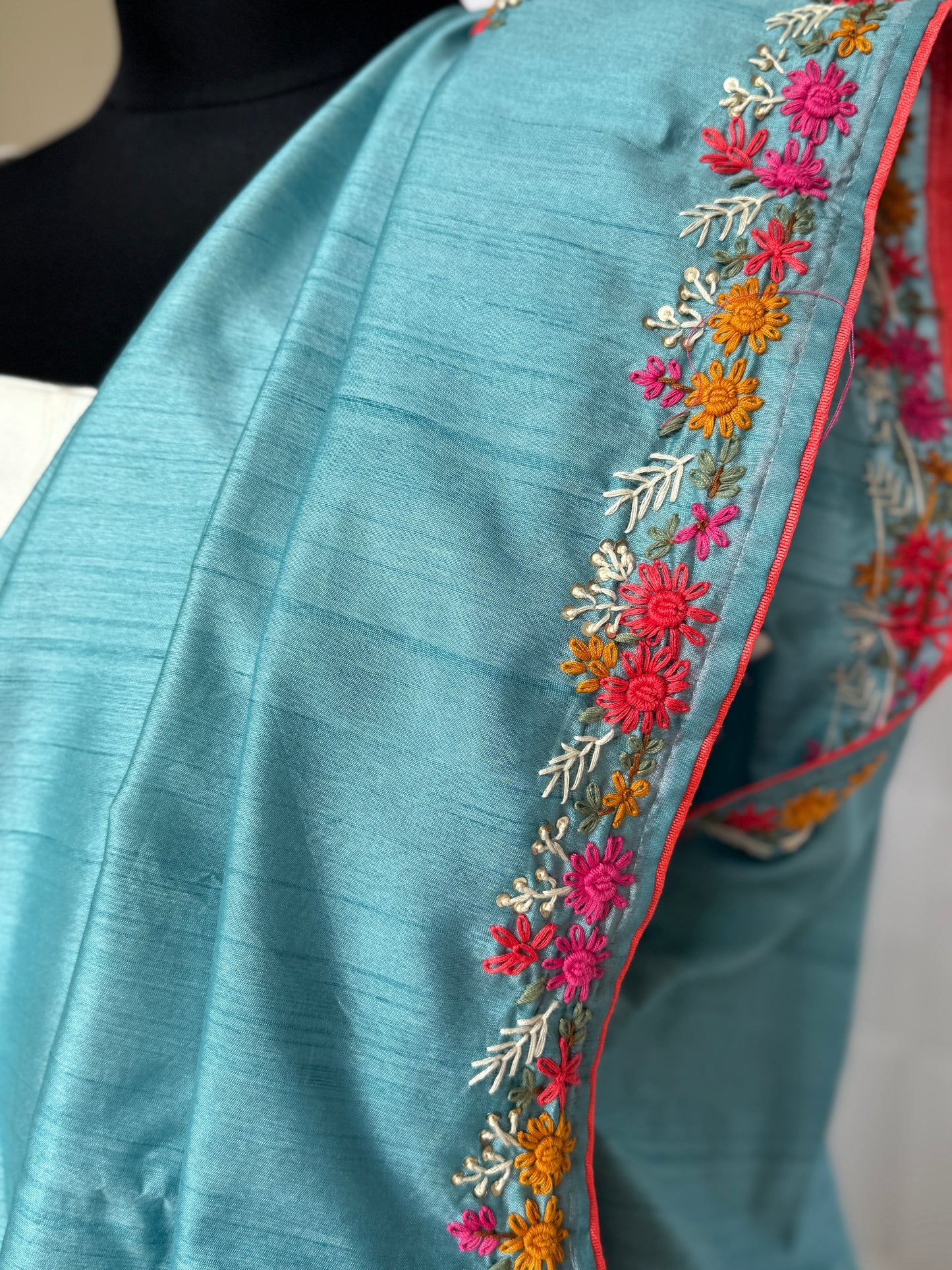 Blue semi-tussar embroidered silk saree
