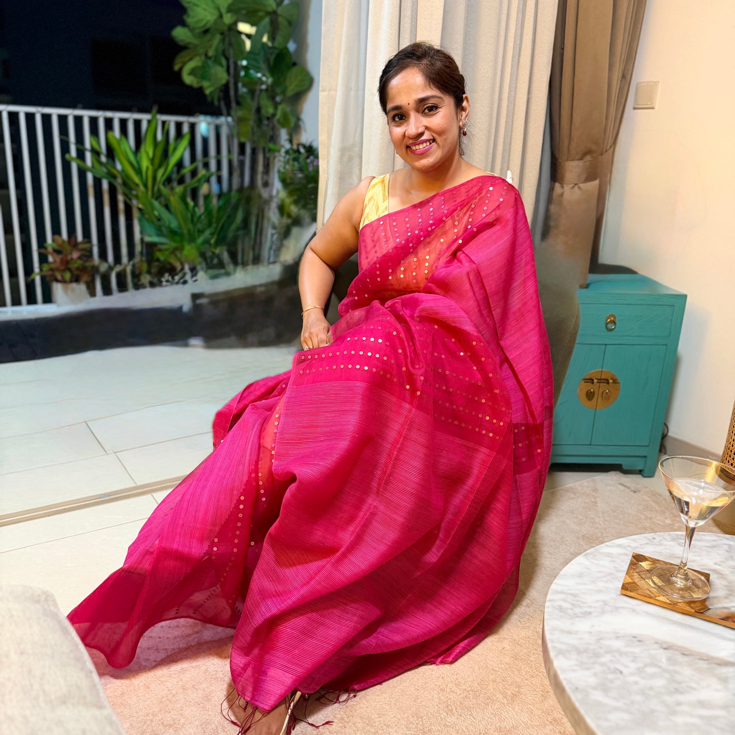 Gulnaar: Pink Matka Silk with Sequins Saree