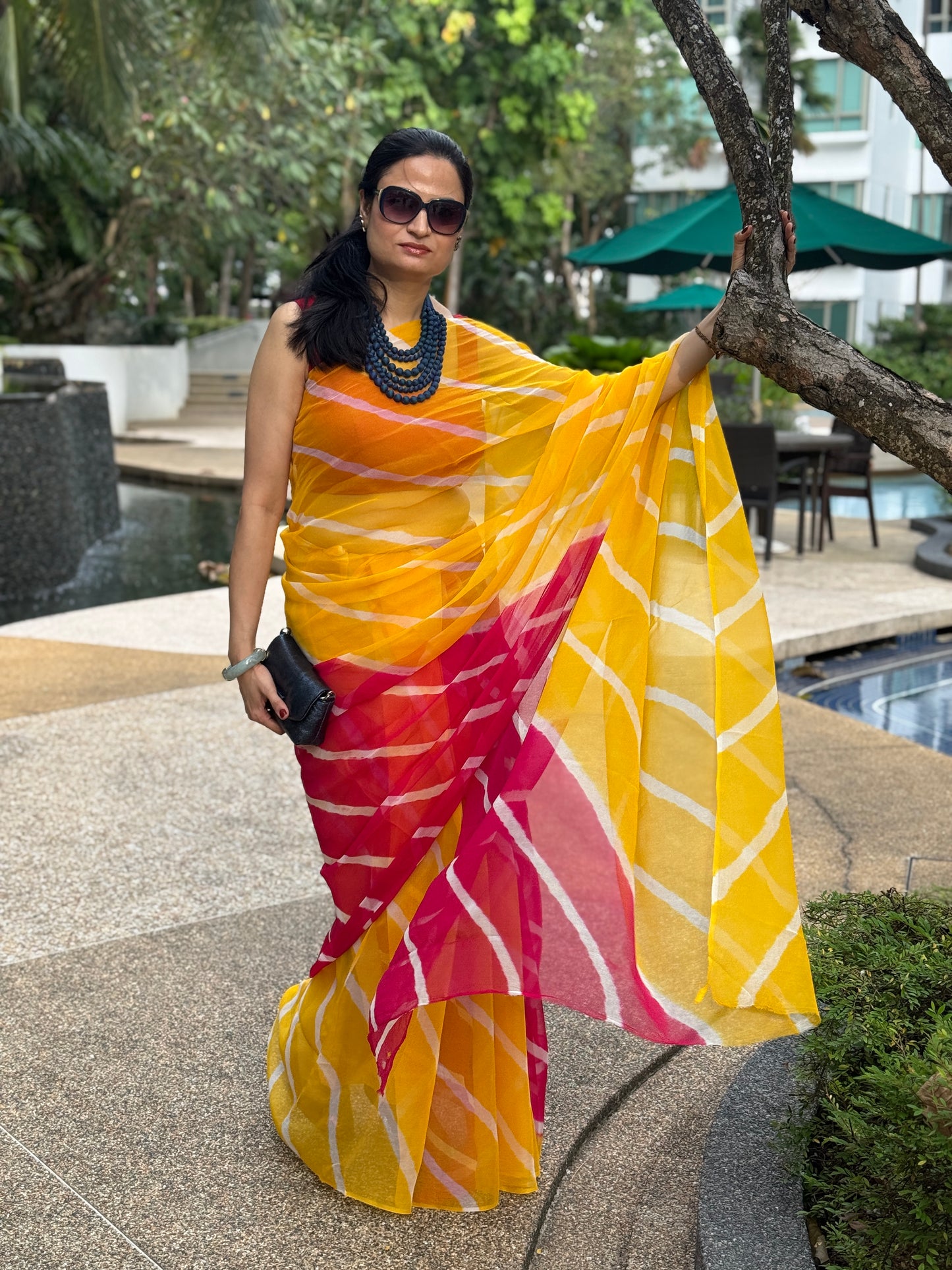 Leher: Yellow & Pink Chiffon Saree