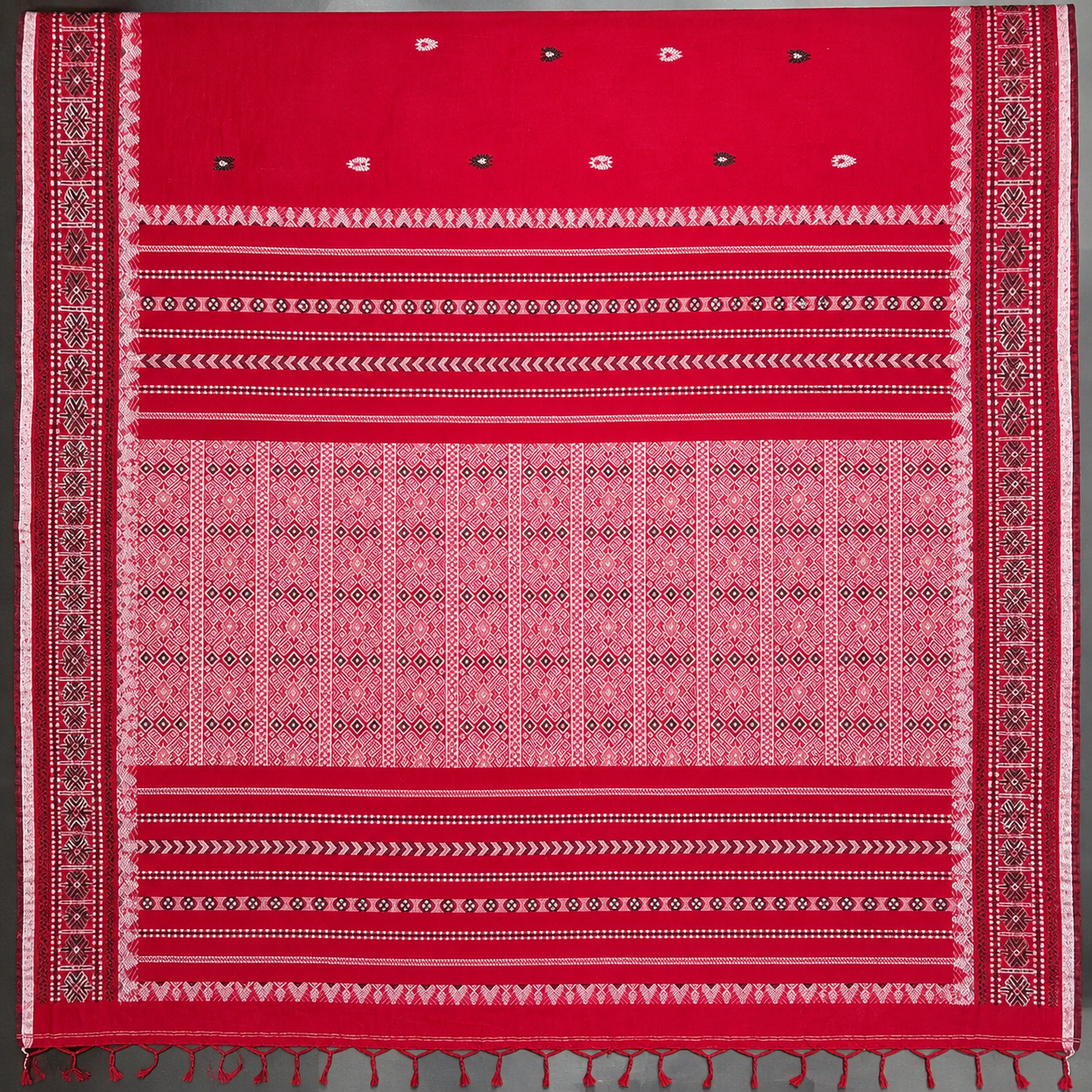 Senehi: Red Assam Handloom Cotton Saree