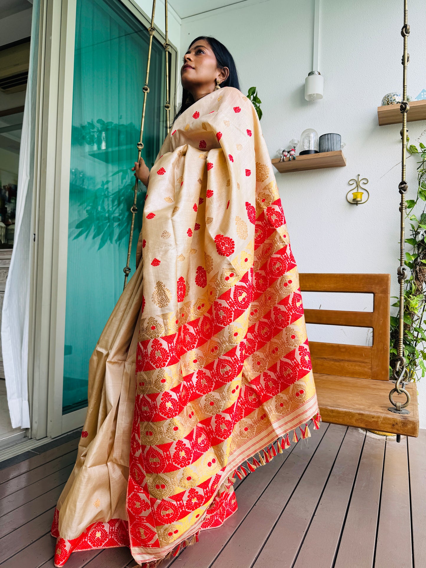 Assam Tussar Silk Saree with Red & Gold Motifs