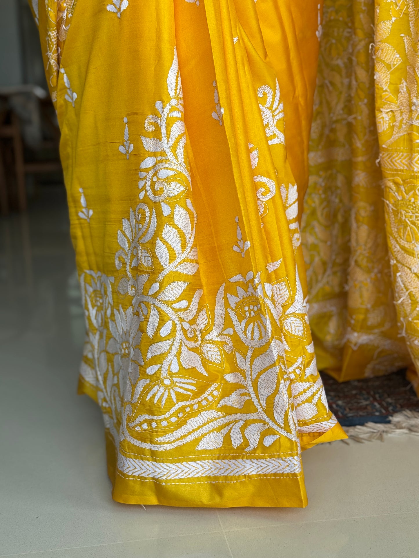 Sunshine: Yellow Kantha Embroidered Semi-Silk Saree