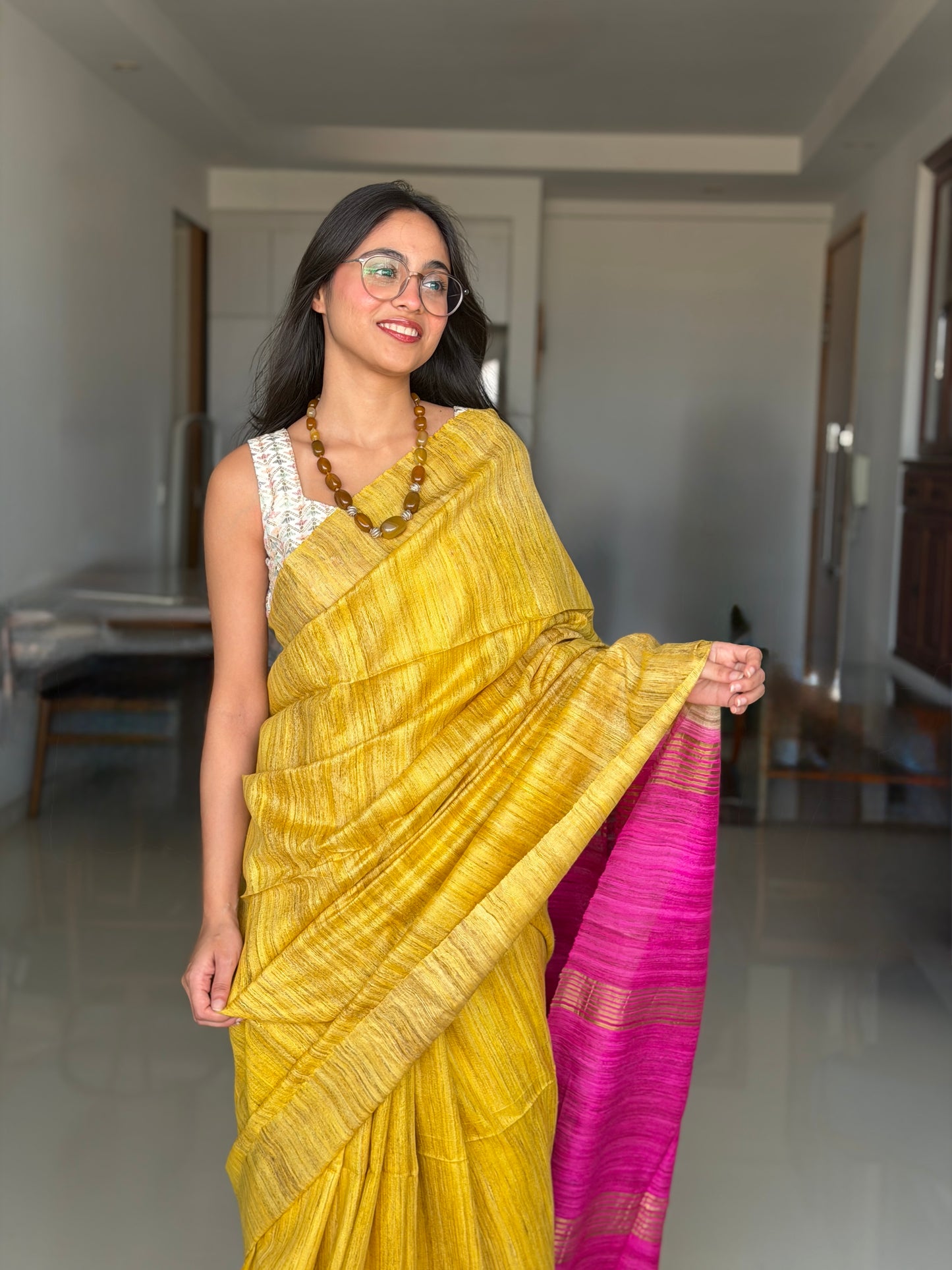 Sunspell Pink: Yellow and Pink Ghicha Silk Saree