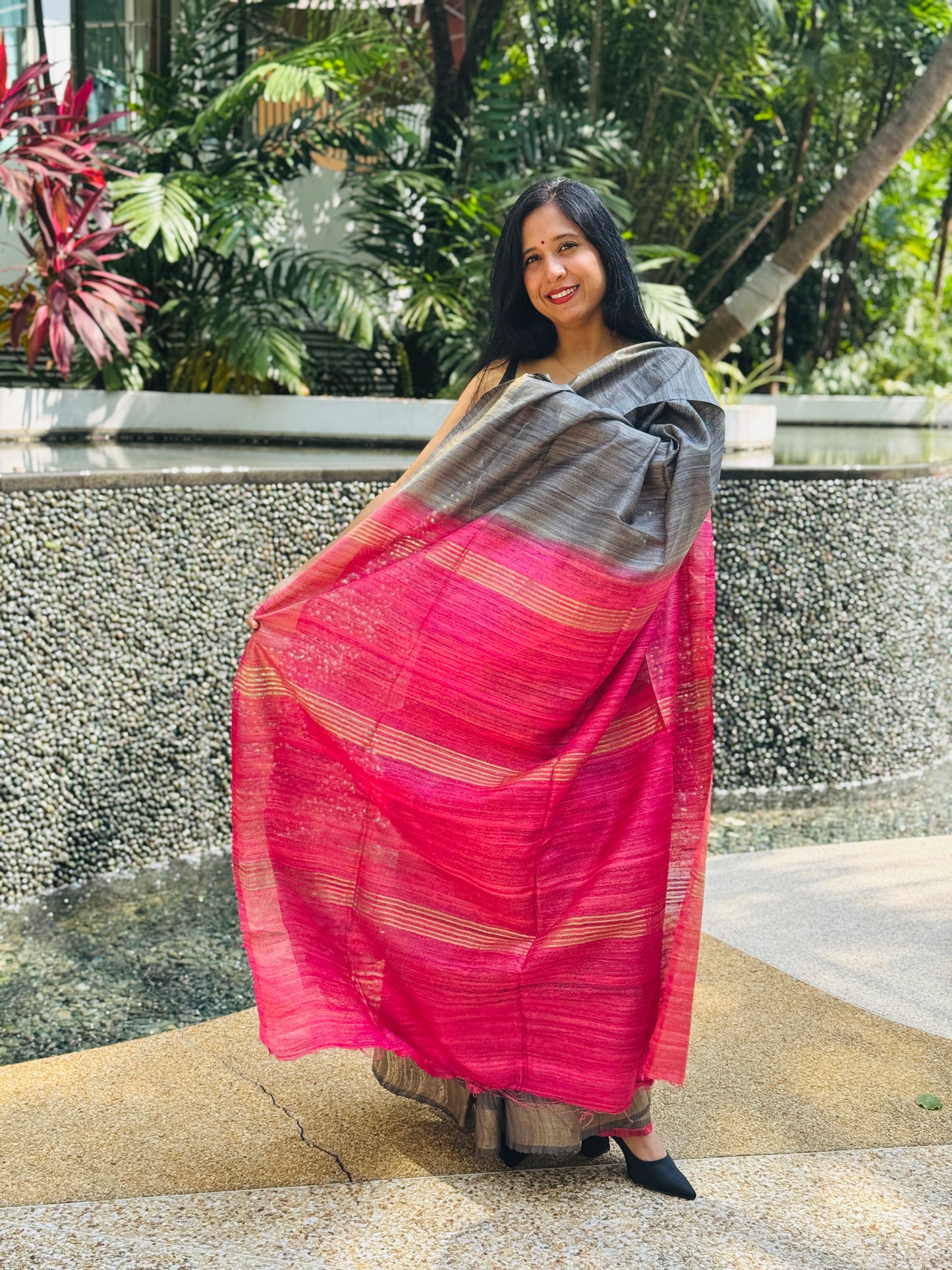 Crimson Pause: Charcoal Grey Ghicha Silk Saree
