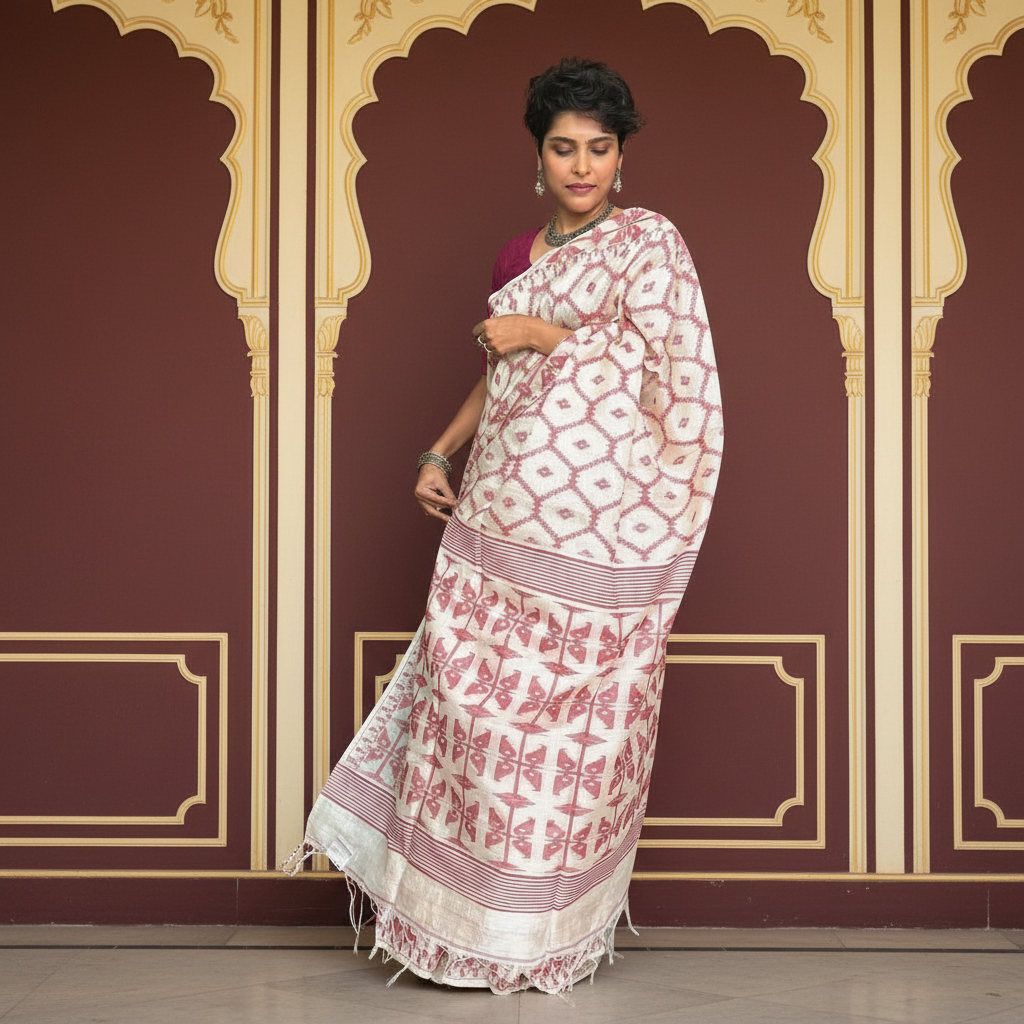 Ivoryfire: White Tussar Silk Jamdani Saree