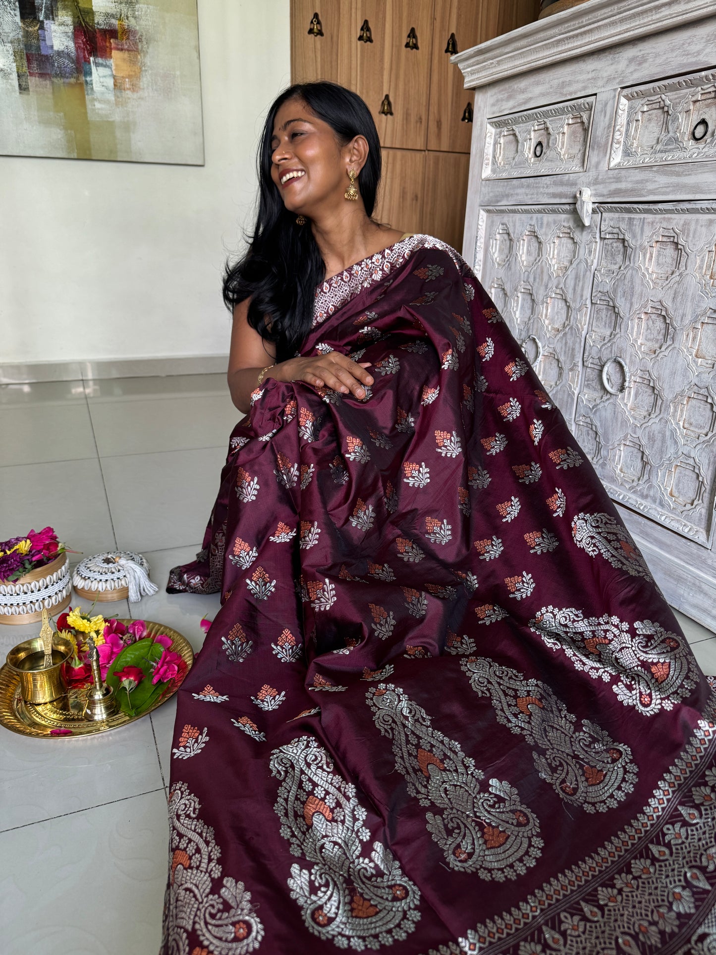 Maroon Paat-Silk Saree with Silver Zari