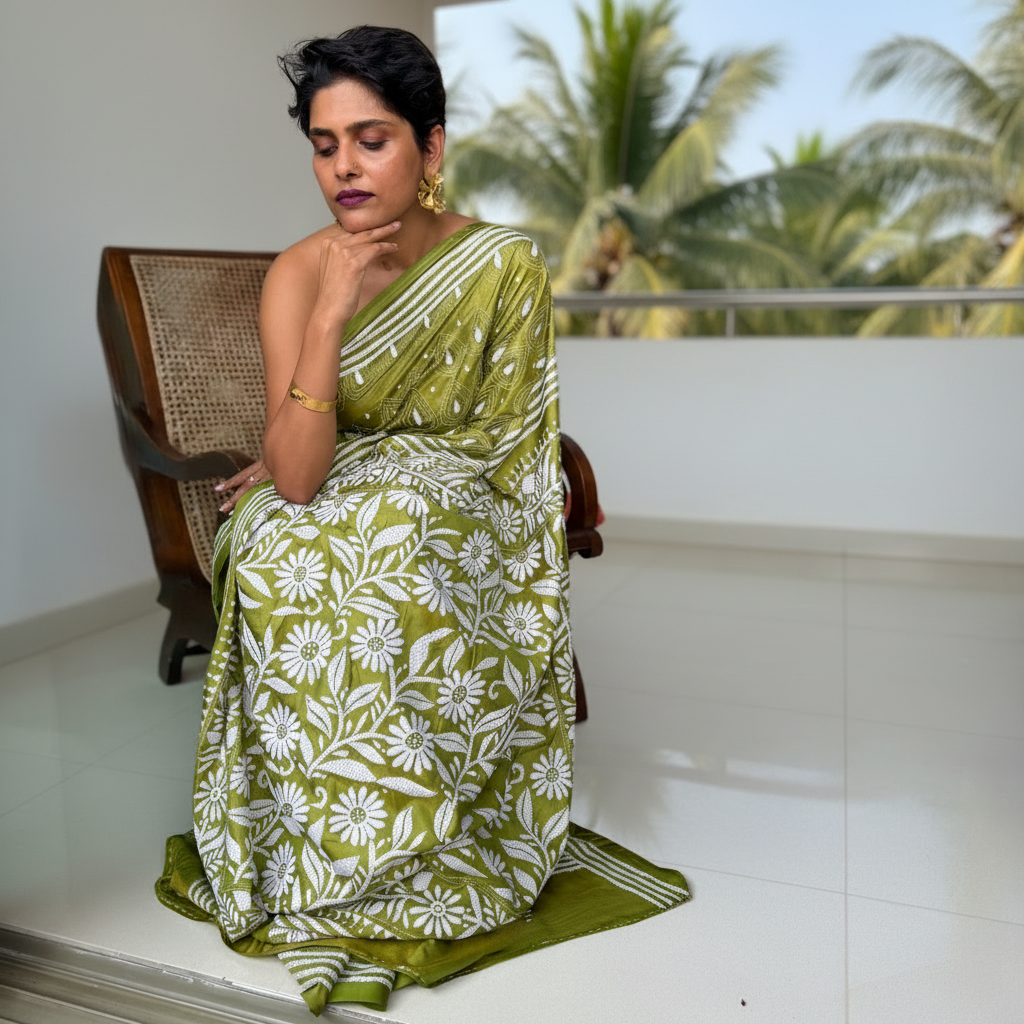 Verdant: Green Kantha Embroidered Saree