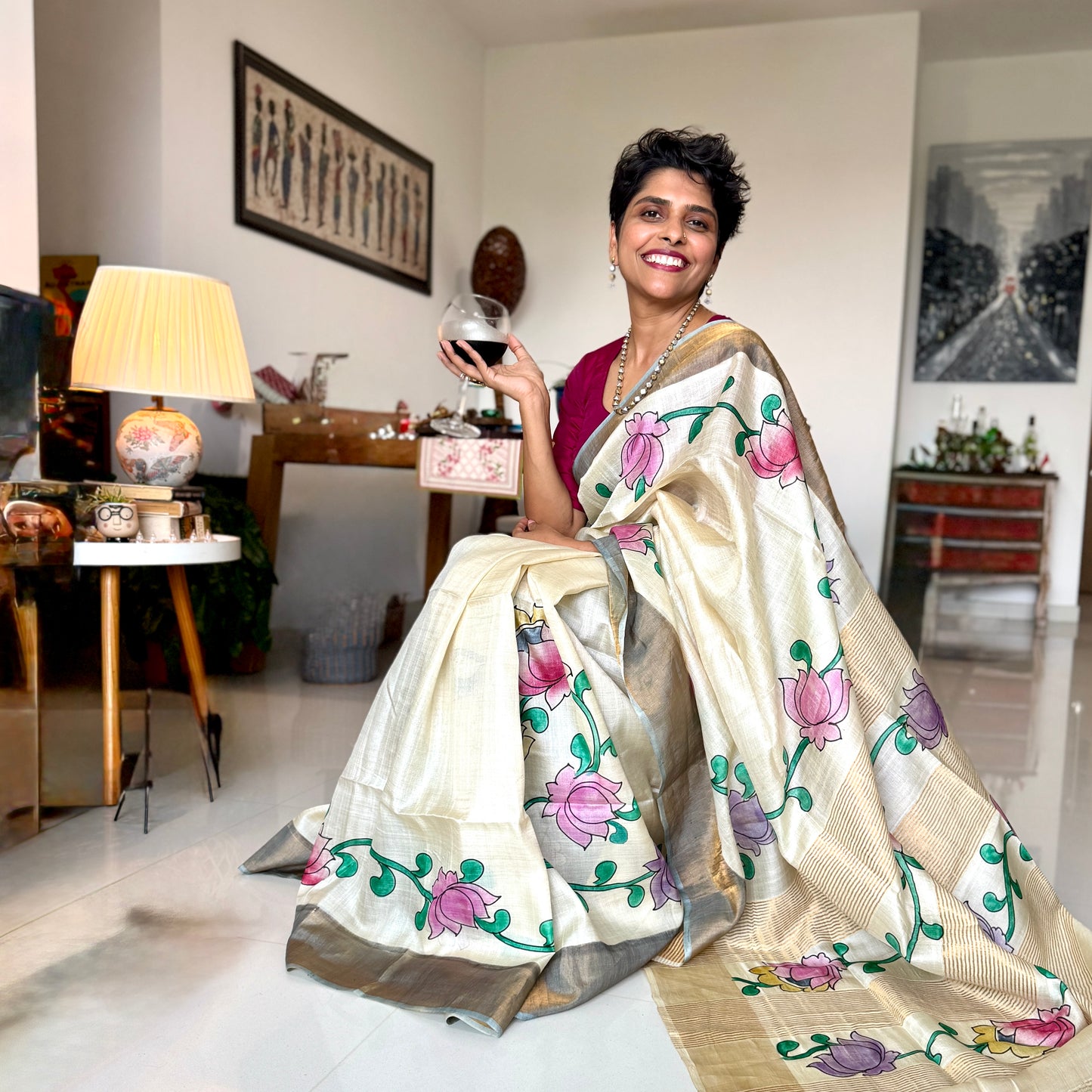 Ivorine: Cream Kalamkari Block Print Tussar Silk Saree