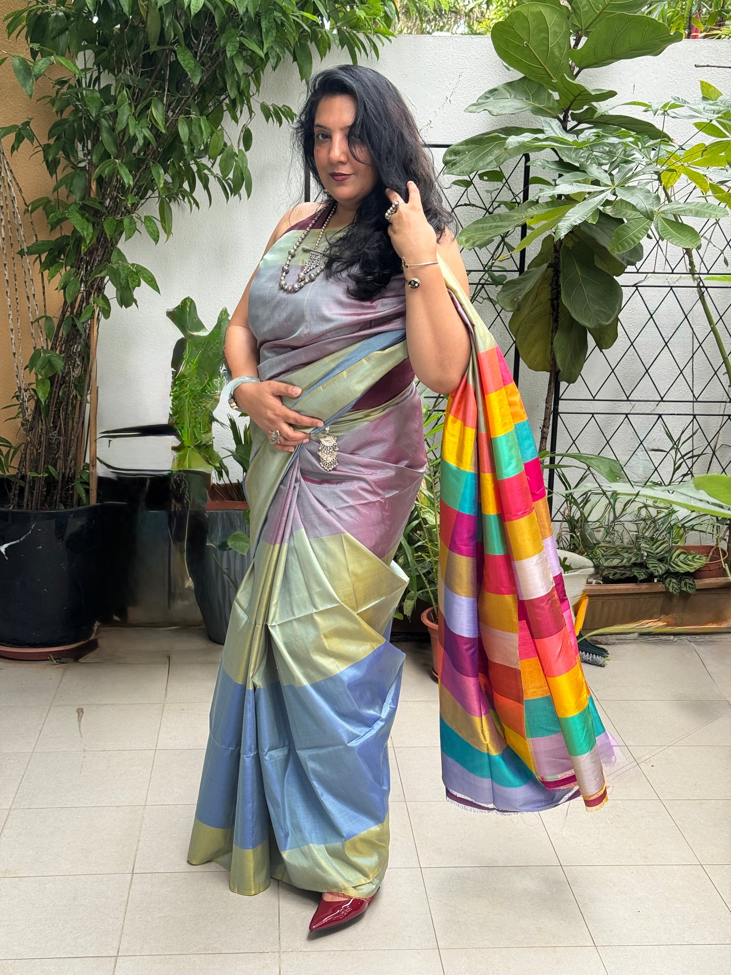 Disha: Multicolored Handwoven Katan Silk Saree
