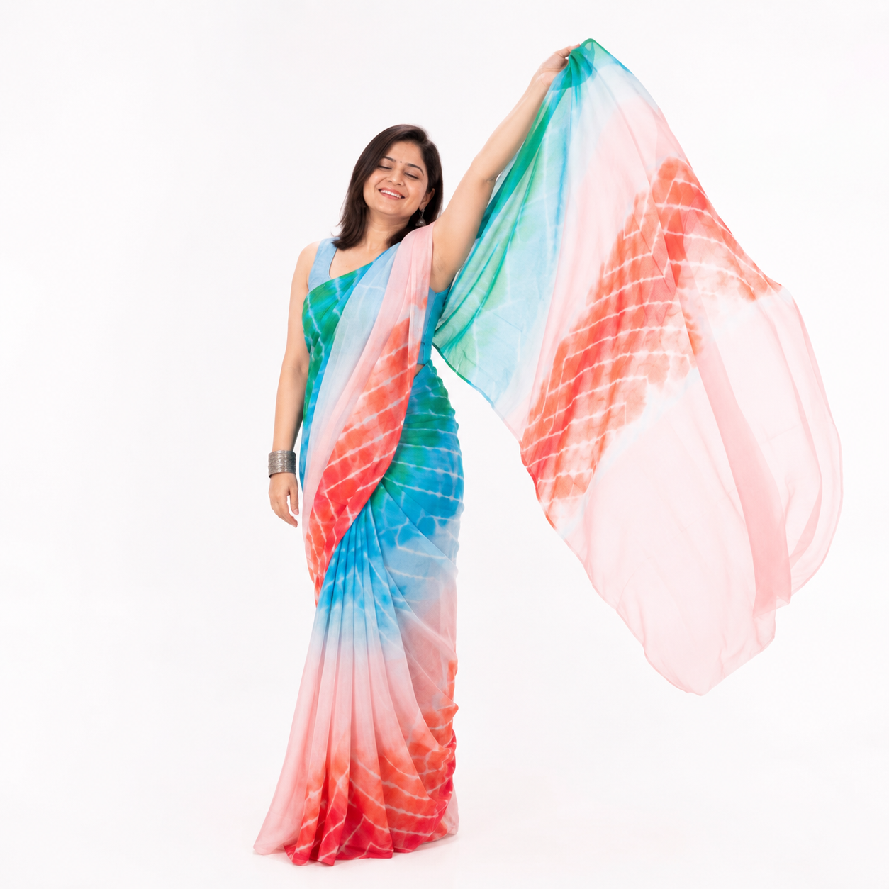 Sugandha: Orange & Green Leheriya Chiffon Saree