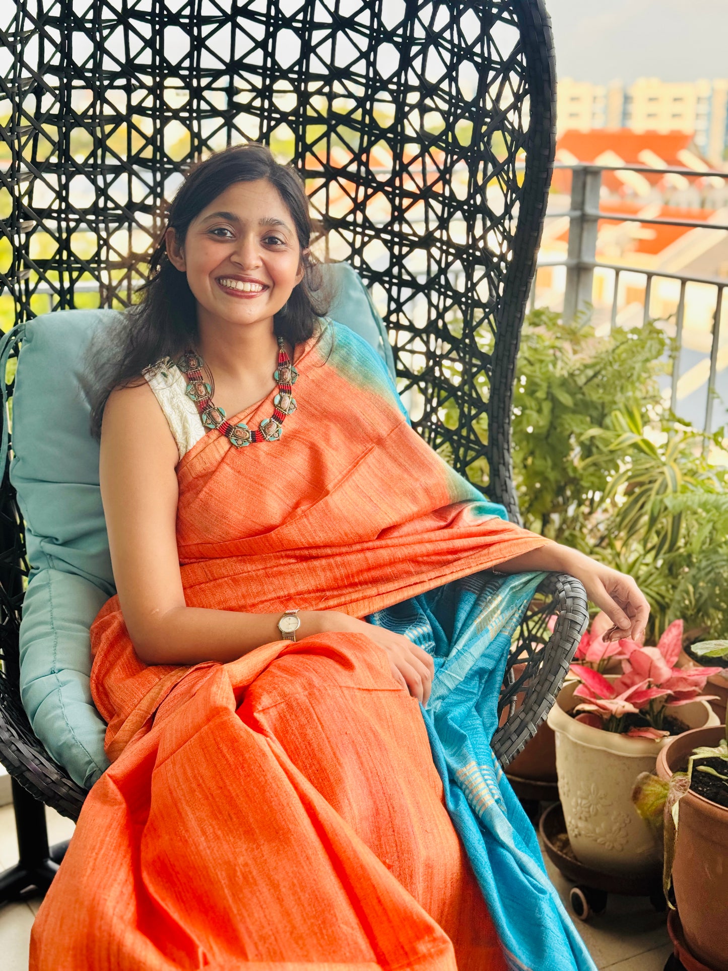 Azure: Orange and Blue Ghicha Silk Saree