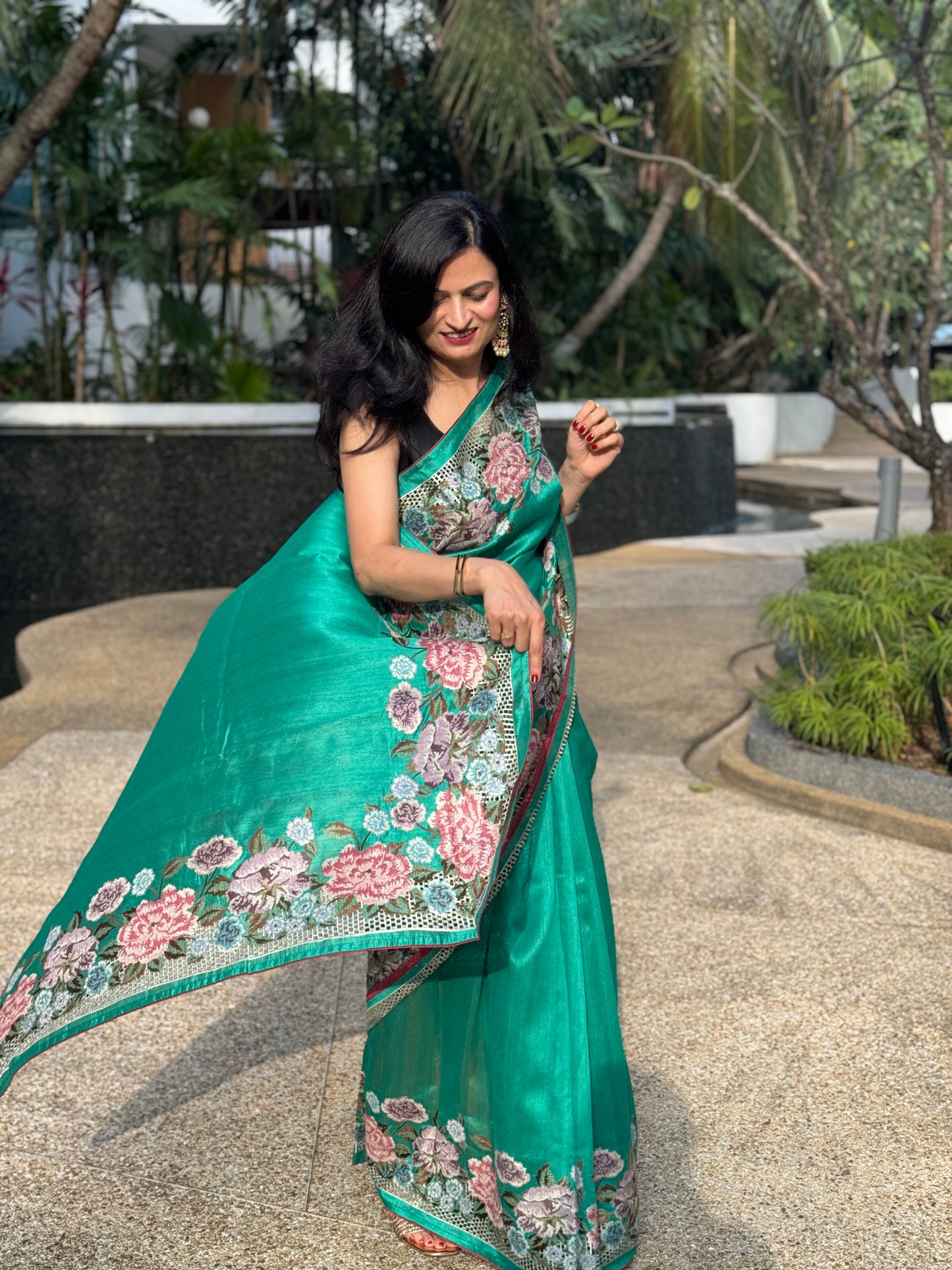 Aira: Green Embroidered Semi-silk Saree