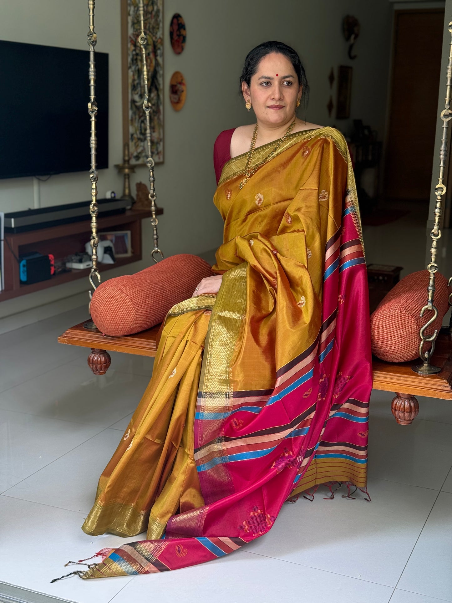 Akshatha: Yellow Handwoven Katan Silk Saree