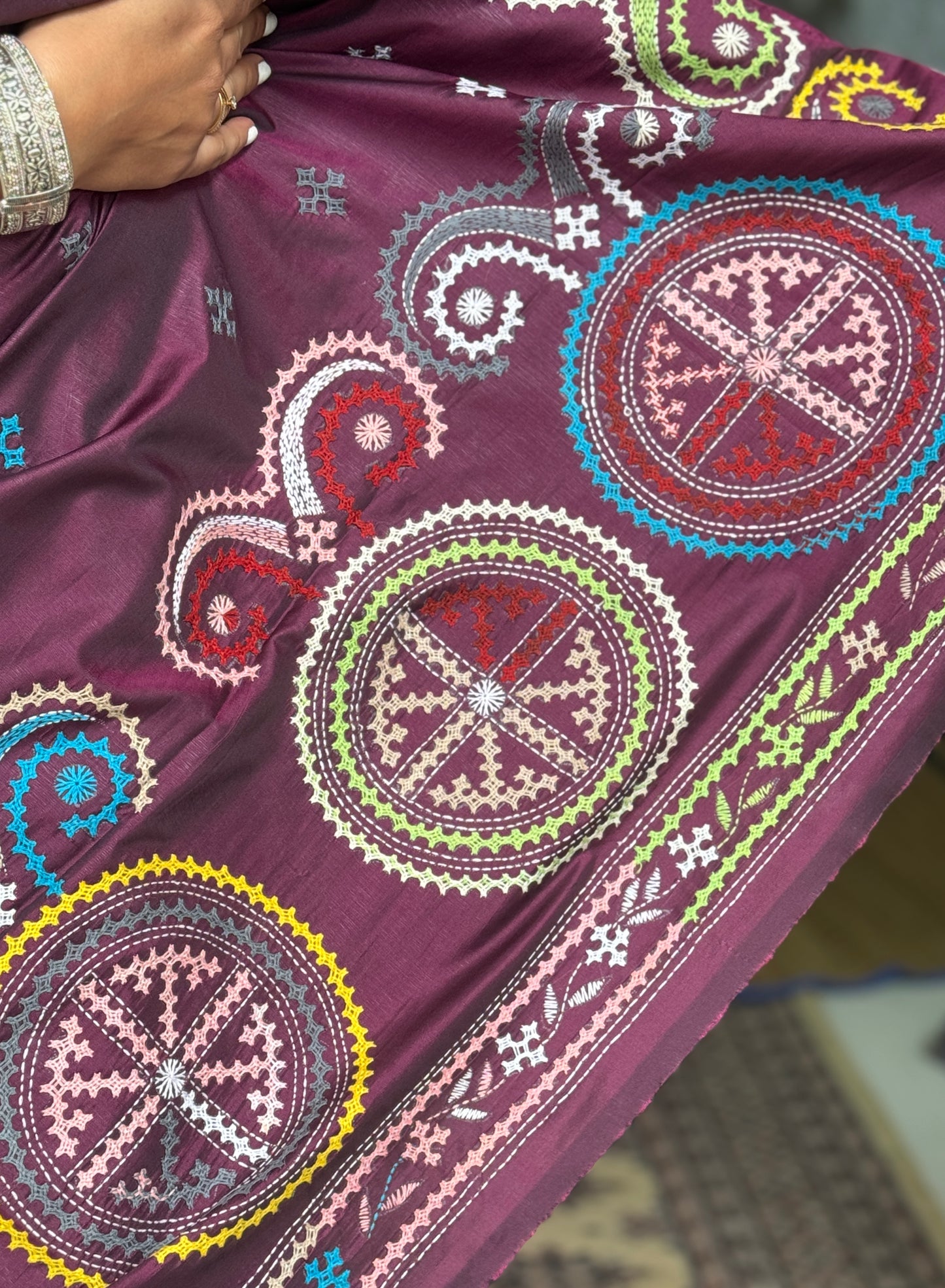 Sanchita: Maroon Hand-embroidered Semi-silk Saree
