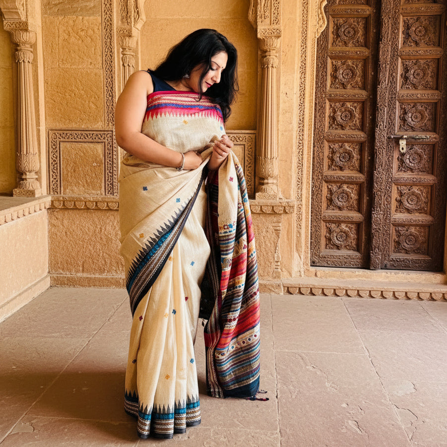 Geet: Beige Embroidered Tussar Saree with Lambani Embroidery