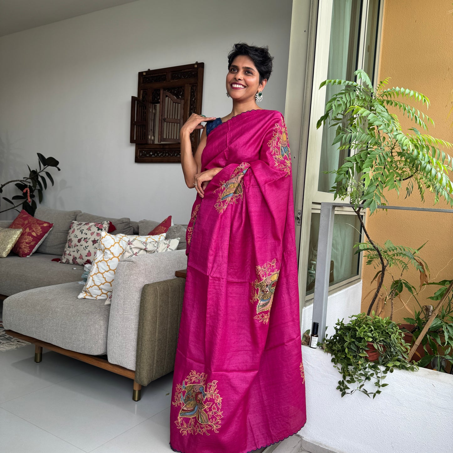Duskrose: Pink Tussar Silk Saree with Kalamkari Appliqué