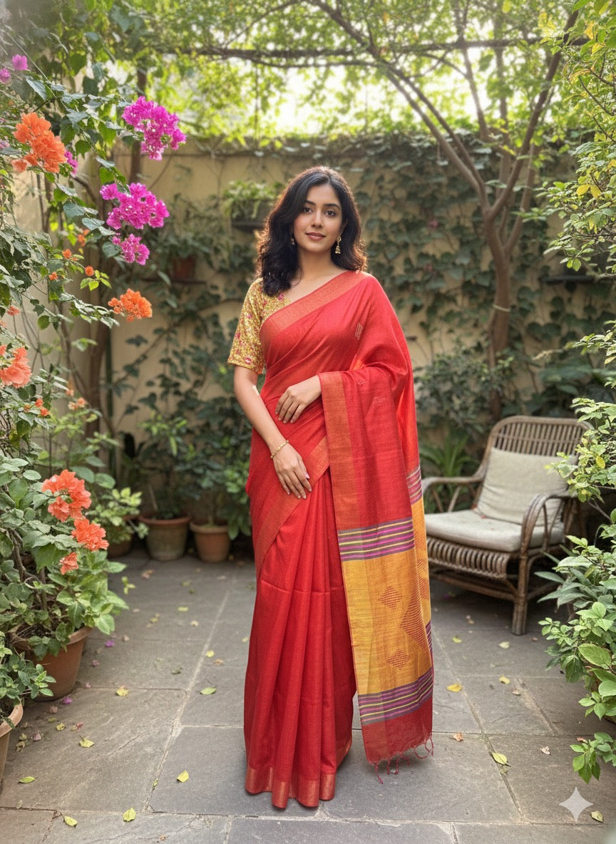 Vermilion: Red & Yellow Ghicha Silk Saree