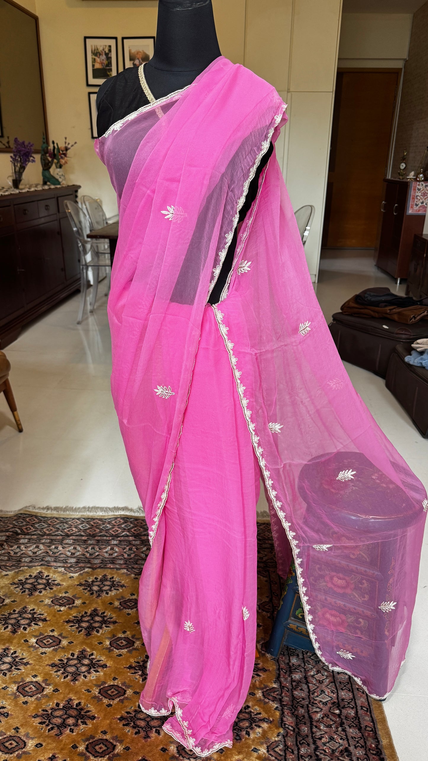 Pink Chiffon Saree with Cutdana Embroidery