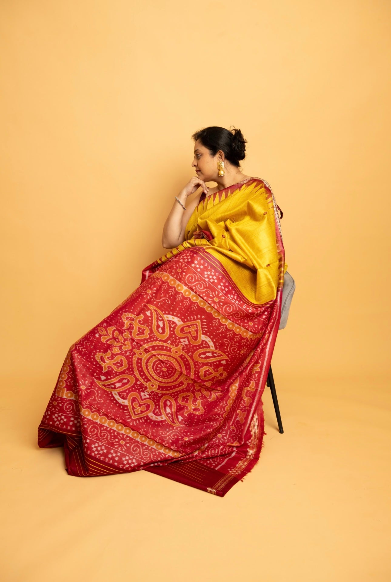 Aruni: Yellow Sambalpuri Ikkat Tussar Silk Saree