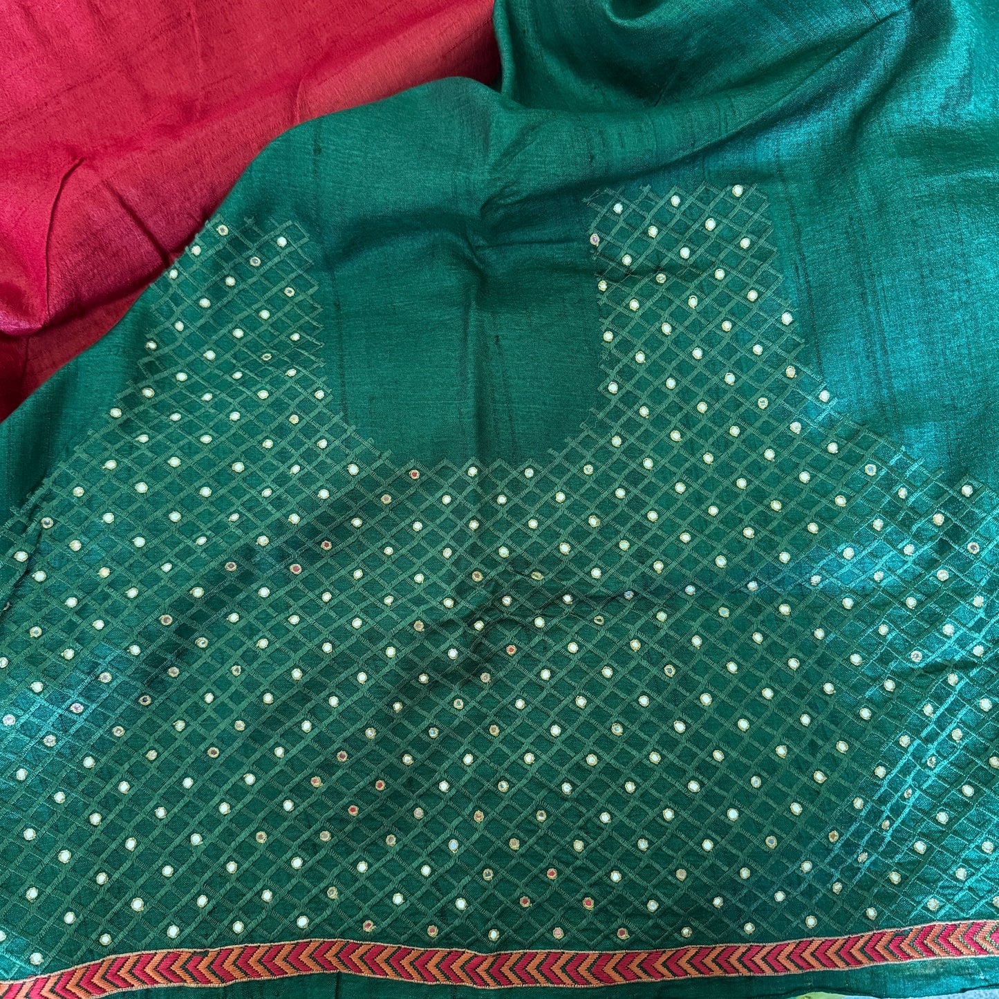 Prerna: Red Embroidered Handwoven Tussar Silk Saree