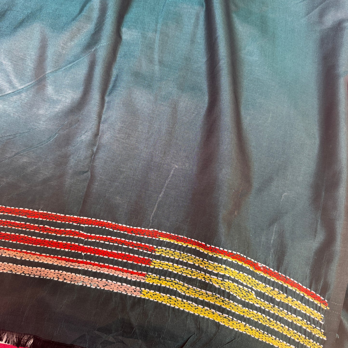 Emerald Garden: Green Kantha Embroidered Semi-Silk Saree