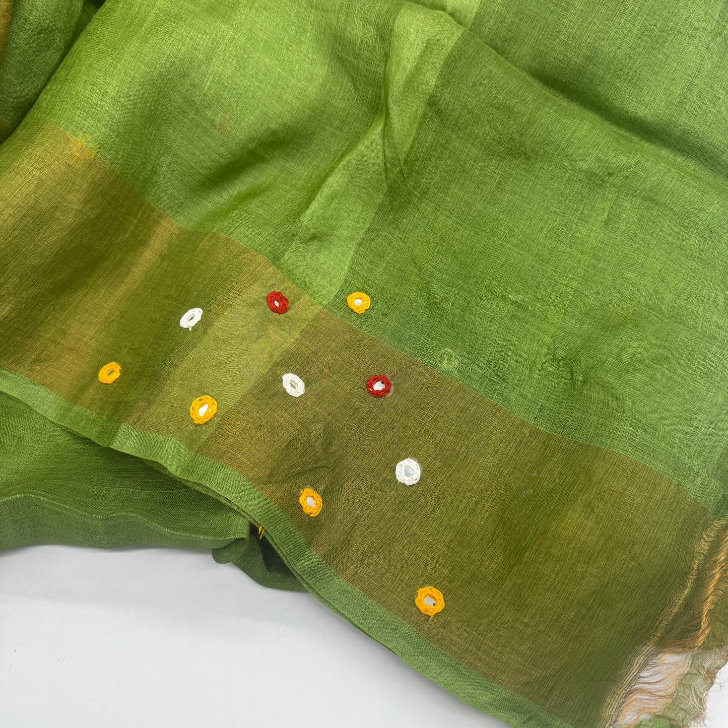 Jaya: Green Handwoven Tussar Silk Mirror-work Saree