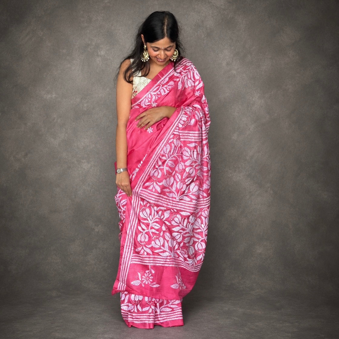 Unwritten Poetry: Pink Kantha-Embroidered Semi-Silk Saree
