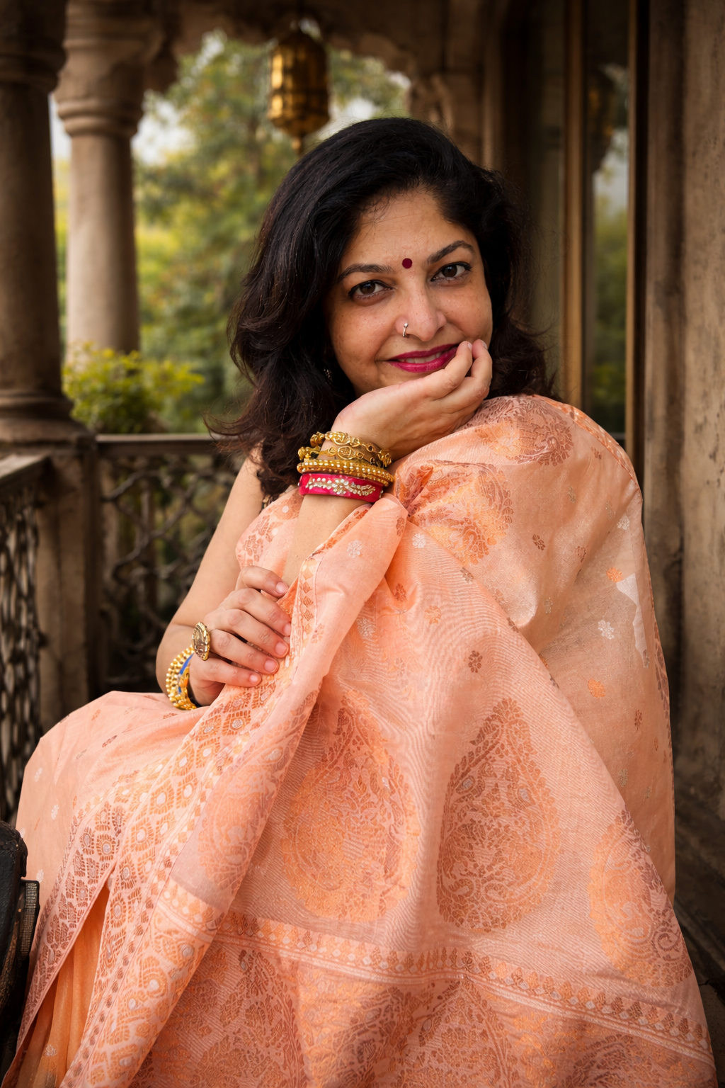 Apricot: Peach Kesapat Silk Saree