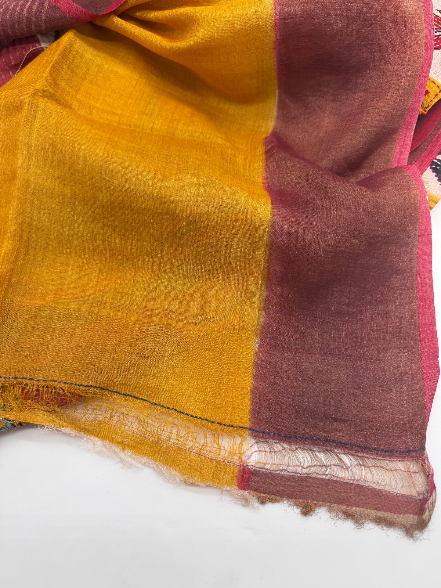 Ruchismita: Yellow Block Print Kantha Tussar Silk Saree