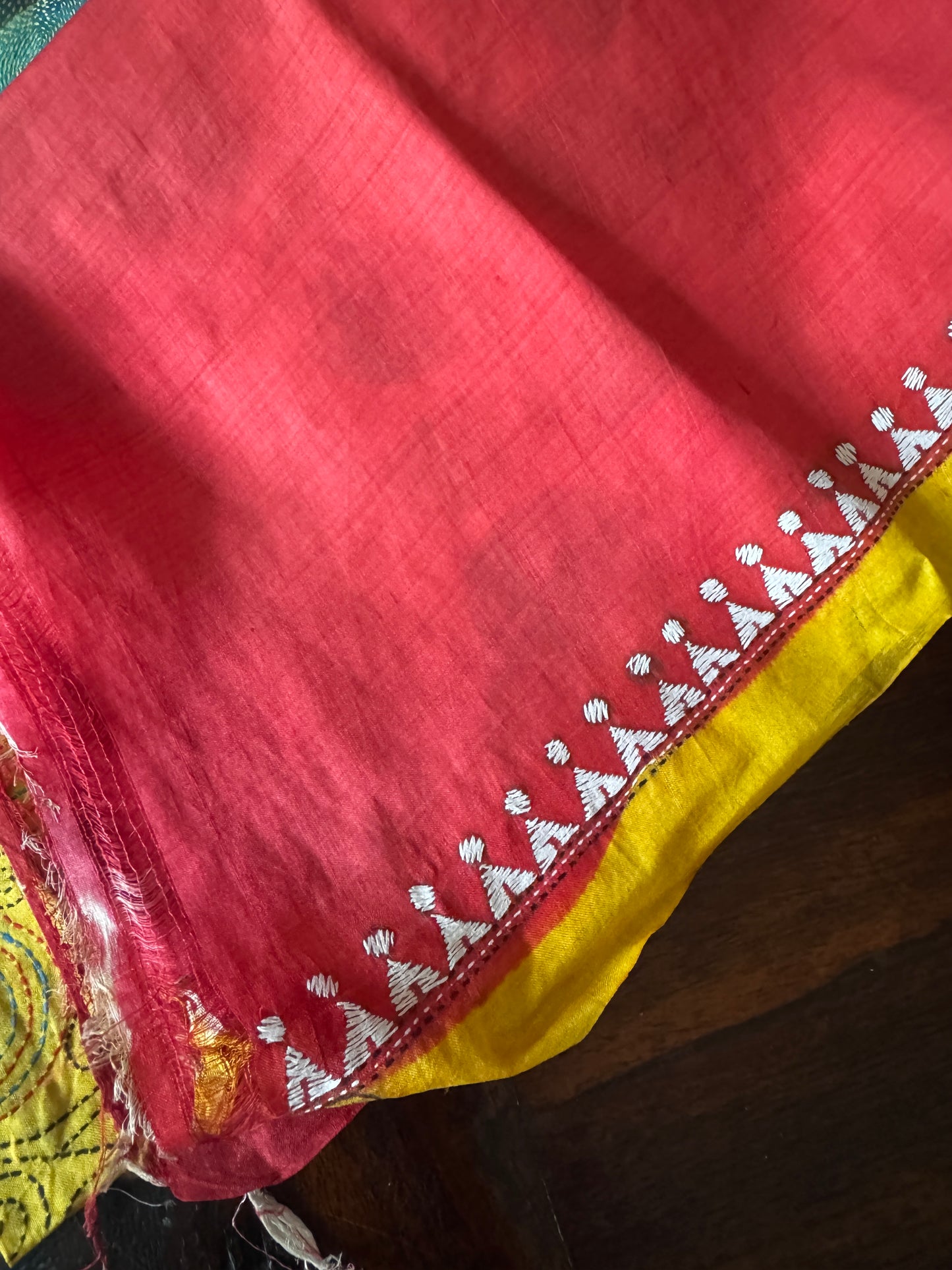 Megharang: Yellow Block Print Kantha Tussar Silk Saree