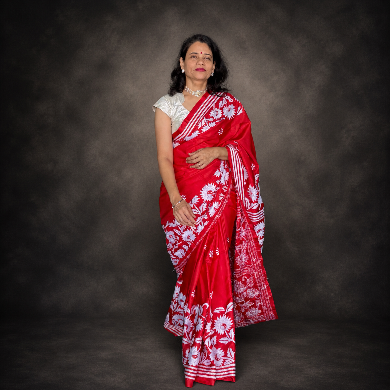 Scarlet: Red Kantha Art Silk Saree