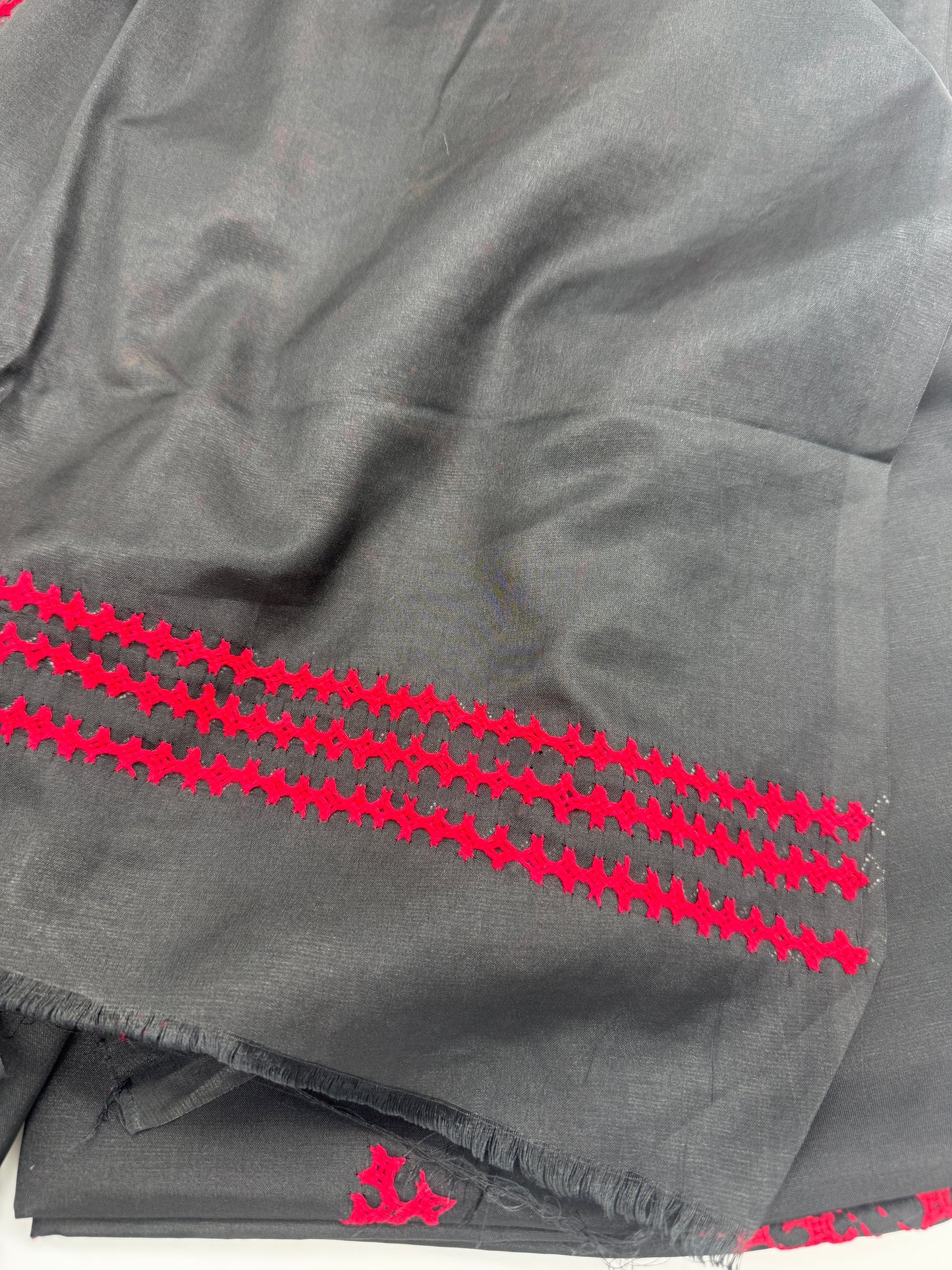 Geetanjali: Black Semi-Silk Saree with Red Kuchchi embroidery