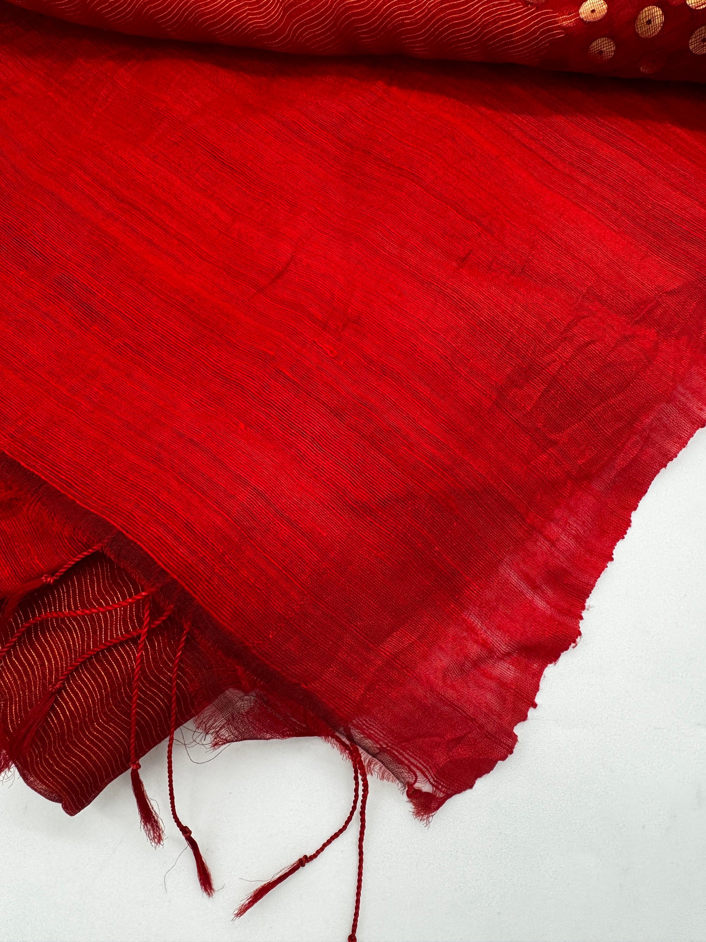 Diva: Red Crushed Tissue Handwoven Sequins Saree