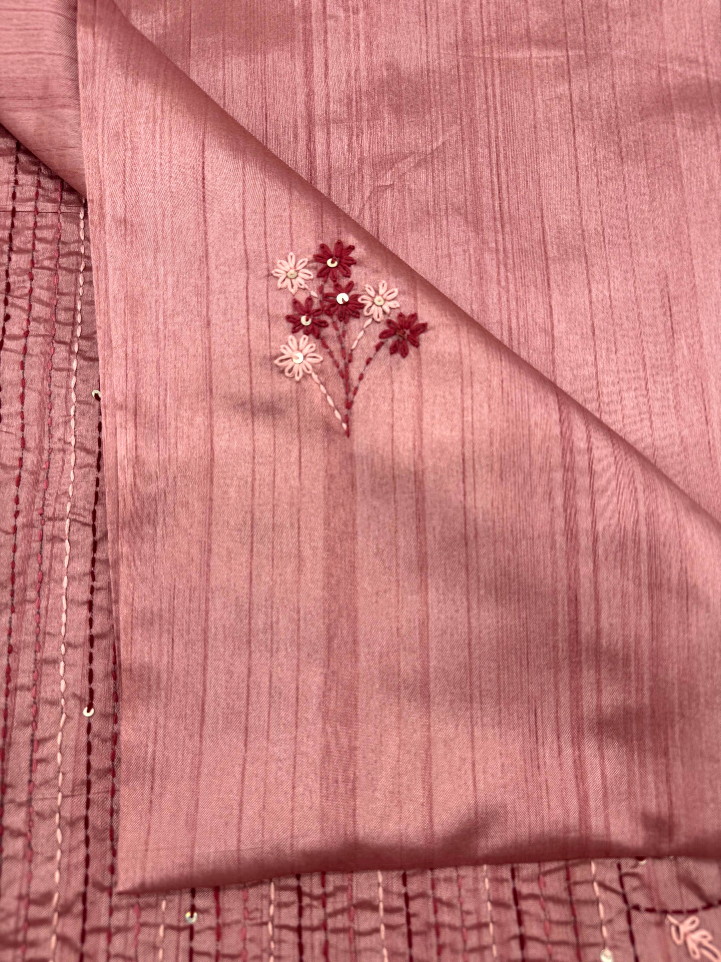 PINK HAND-EMBROIDERED SEMI-TUSSAR SAREE