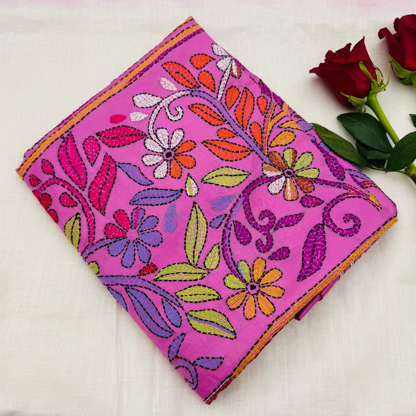Pink Silk-blend Kantha Saree