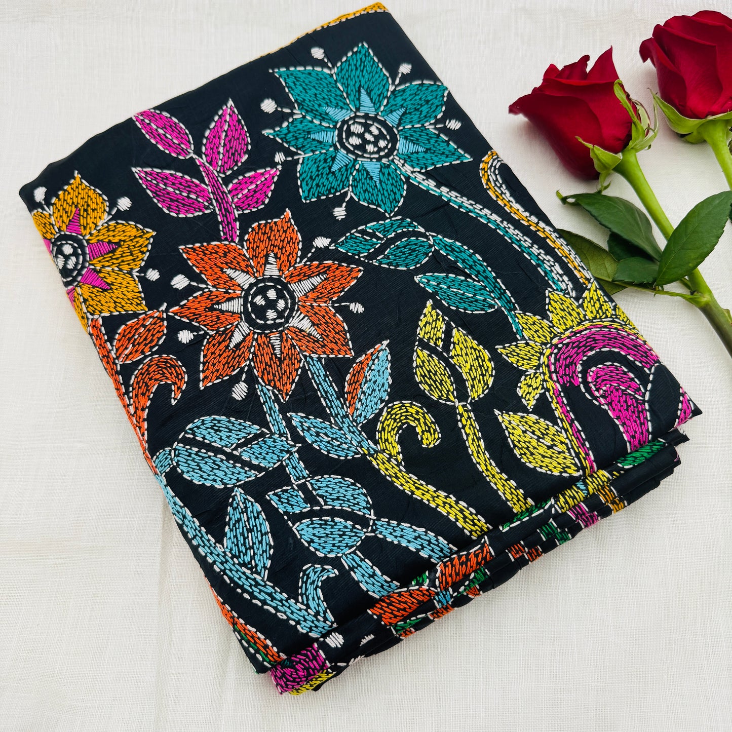 Black Silk-blend Kantha Saree