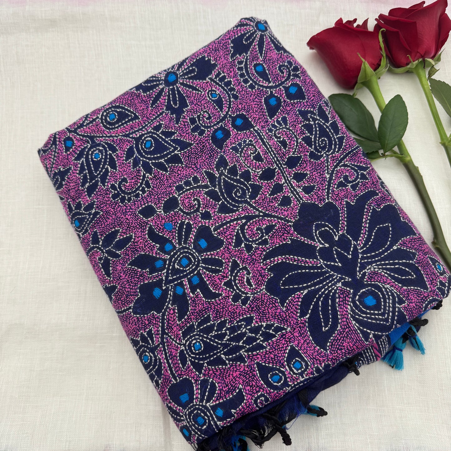 Blue Cotton Kantha Saree