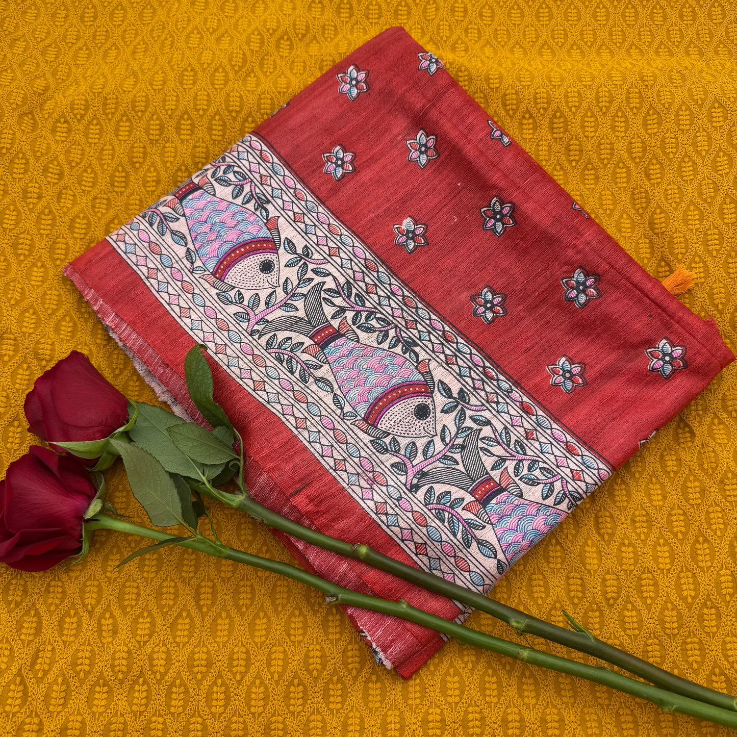 Red Silk Madhubani-Print Saree
