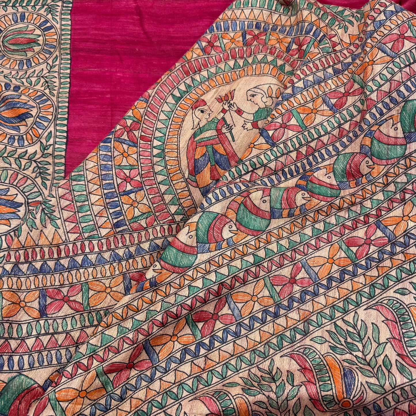 Pink Silk Madhubani-Handpainted Saree