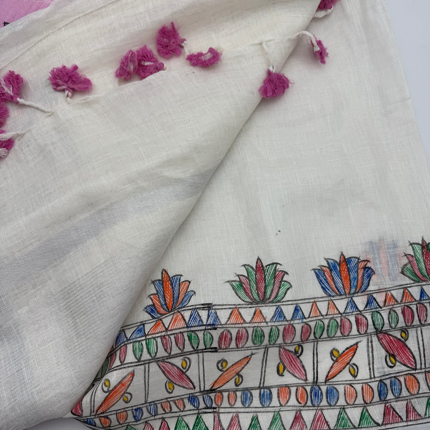 White Linen Madhubani-Handpainted Saree