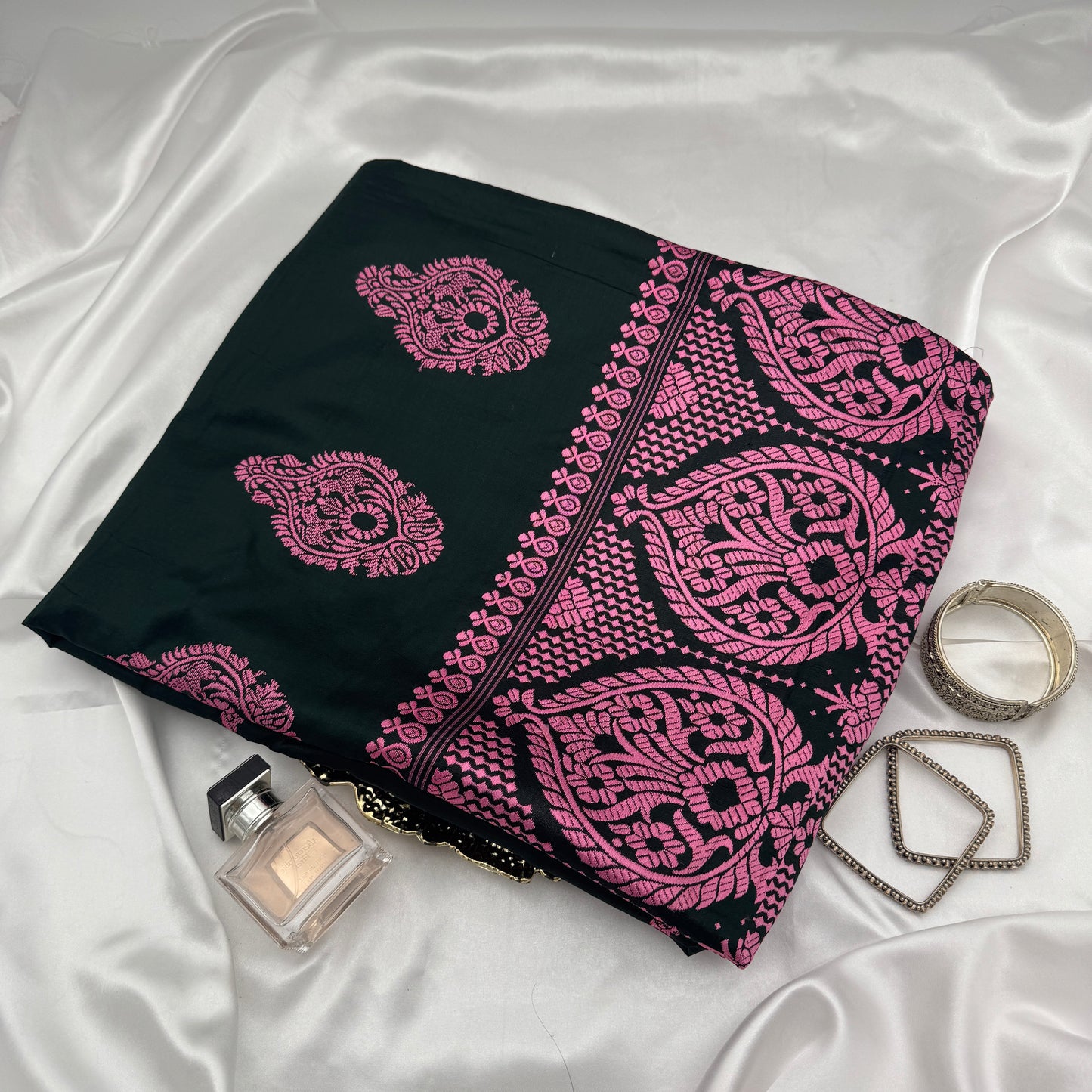 Assam Black Paat Silk Saree with Pink Woven Motifs