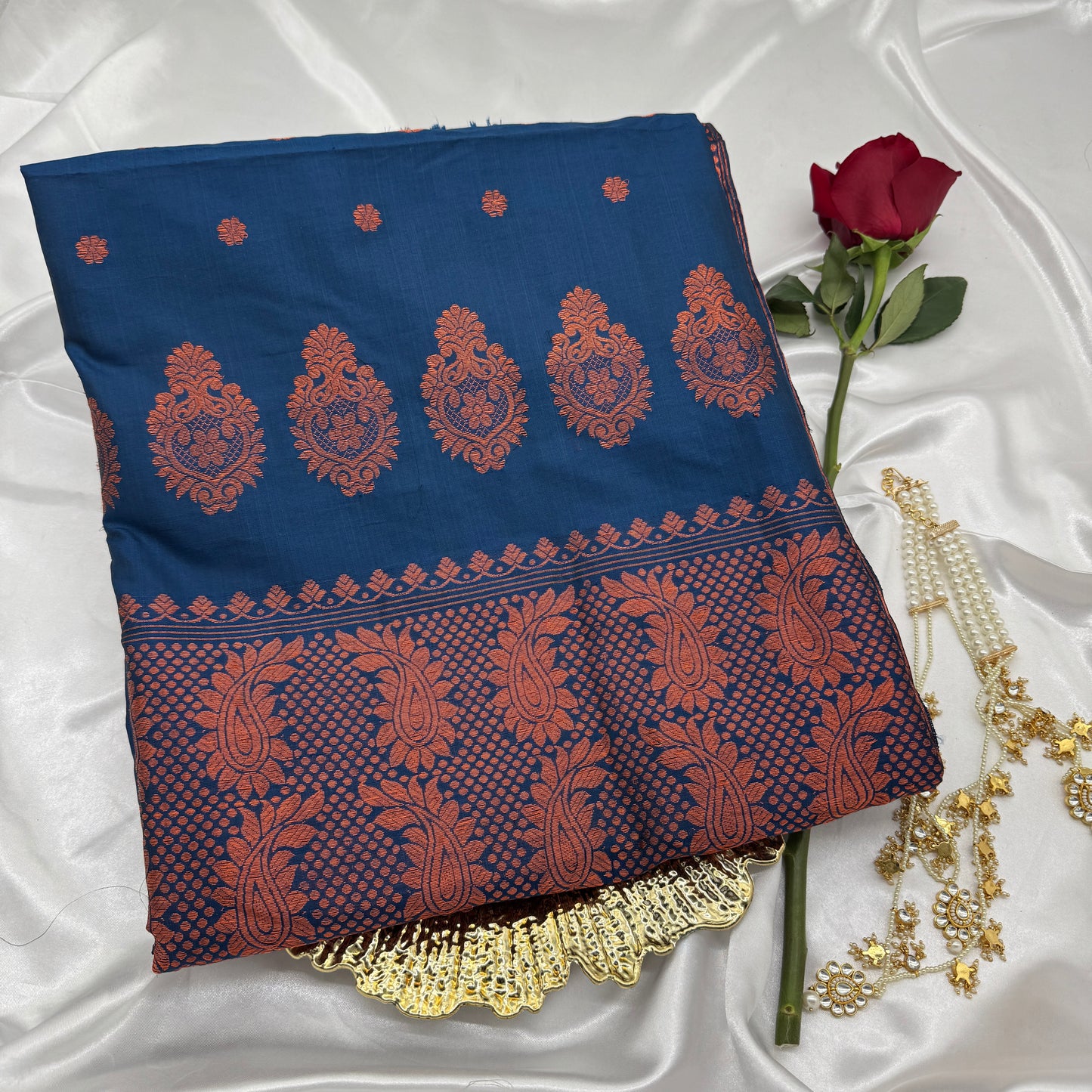Blue Assam Paat Silk Saree with Copper Zari-work