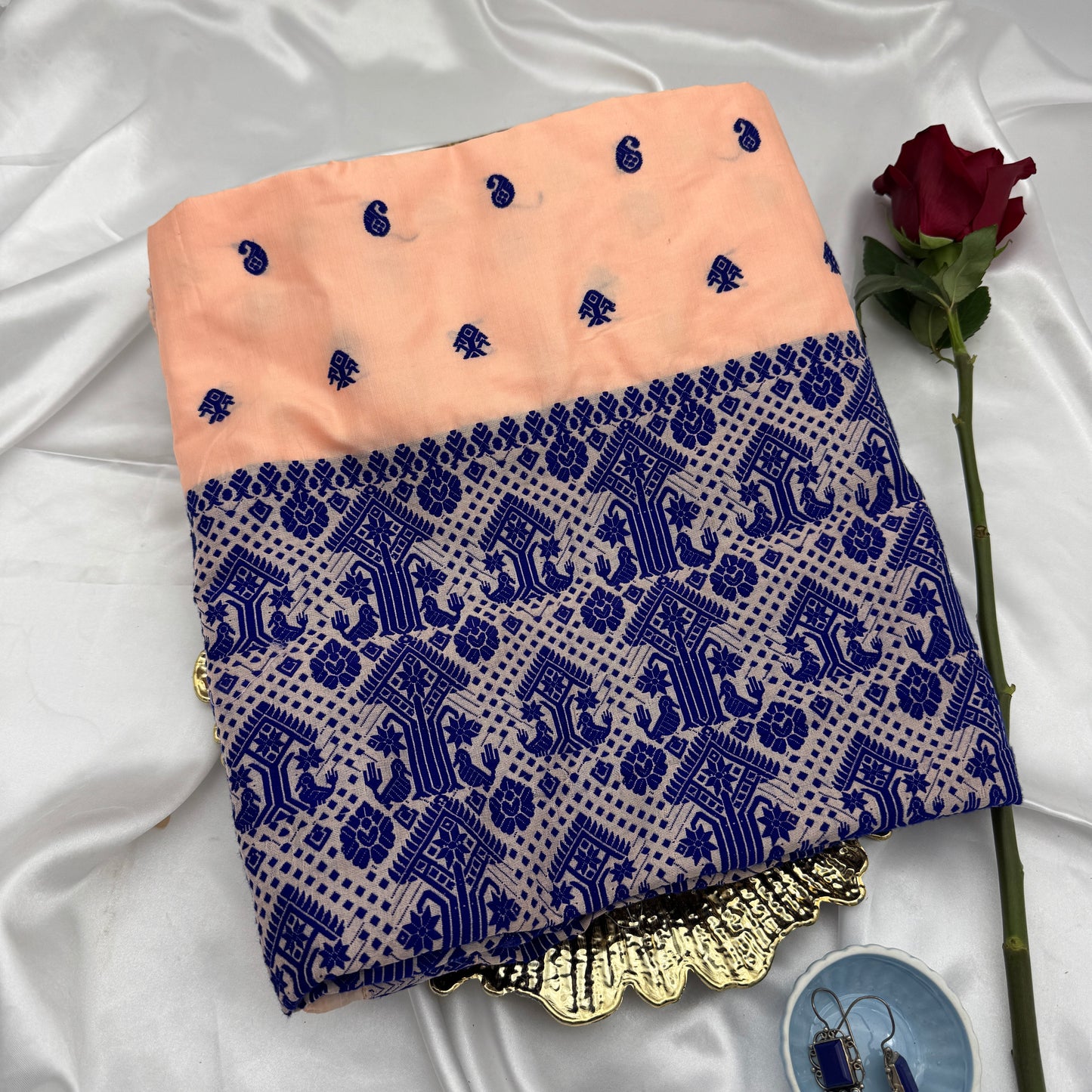 Peach Paat Silk Saree with Blue Threadwork