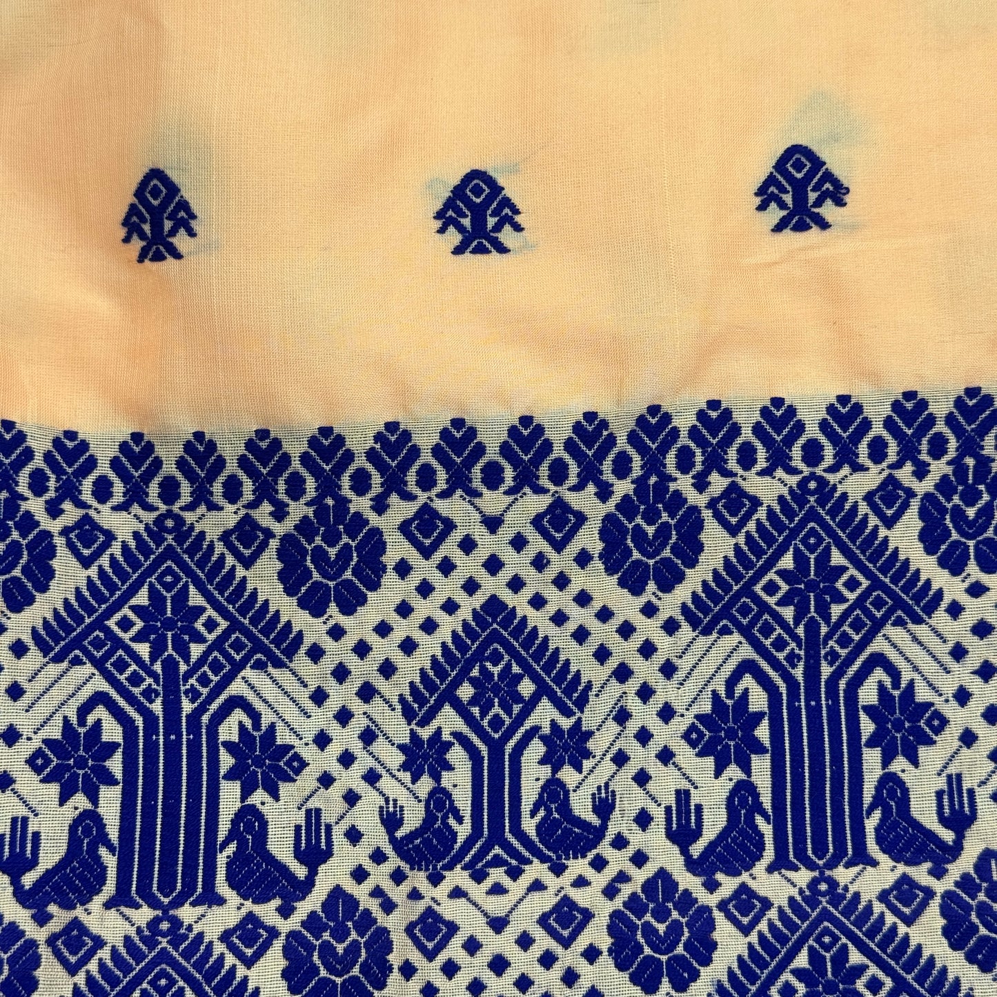 Peach Paat Silk Saree with Blue Threadwork