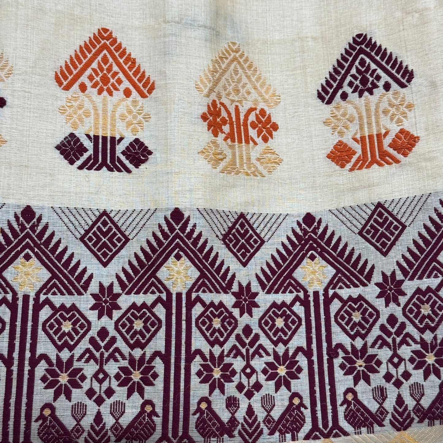 Assam Tussar Silk Saree in Maroon, Orange & Gold Woven Motifs