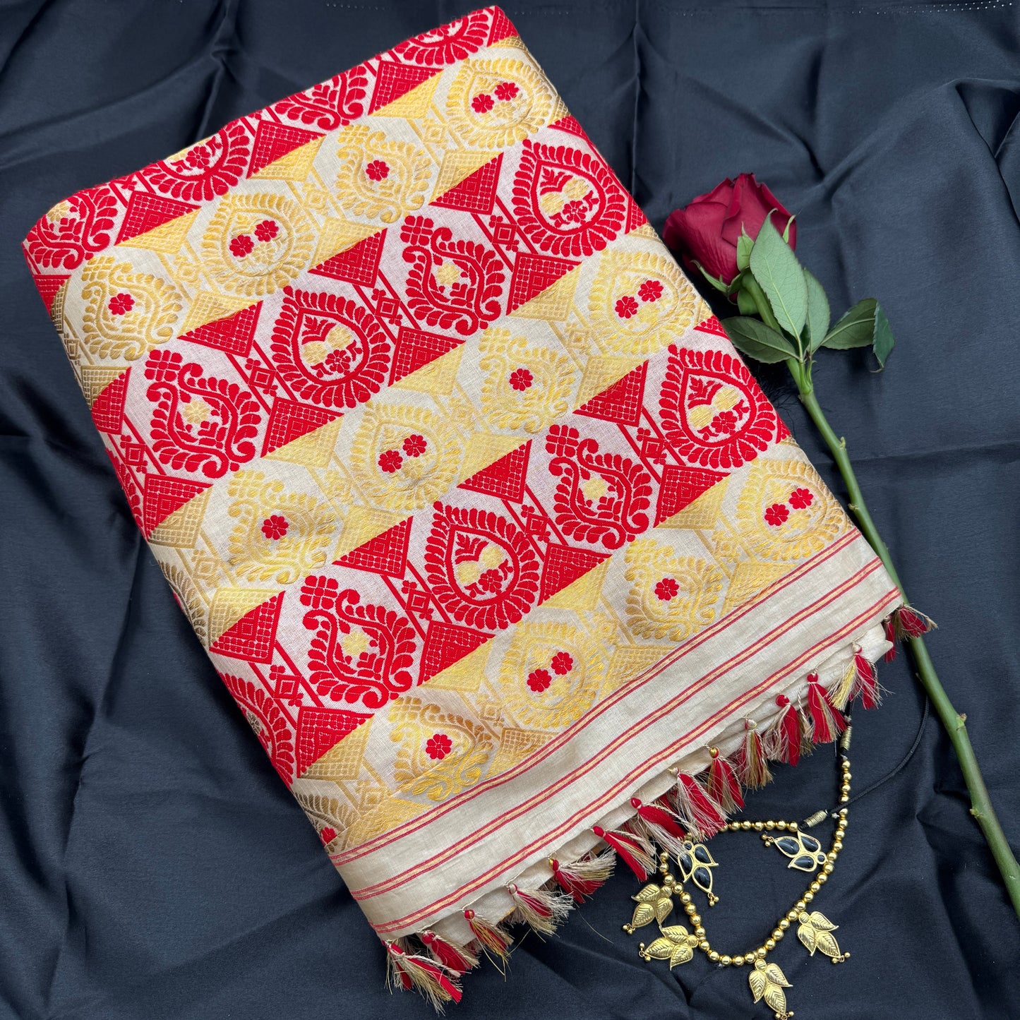 Assam Tussar Silk Saree with Red & Gold Motifs