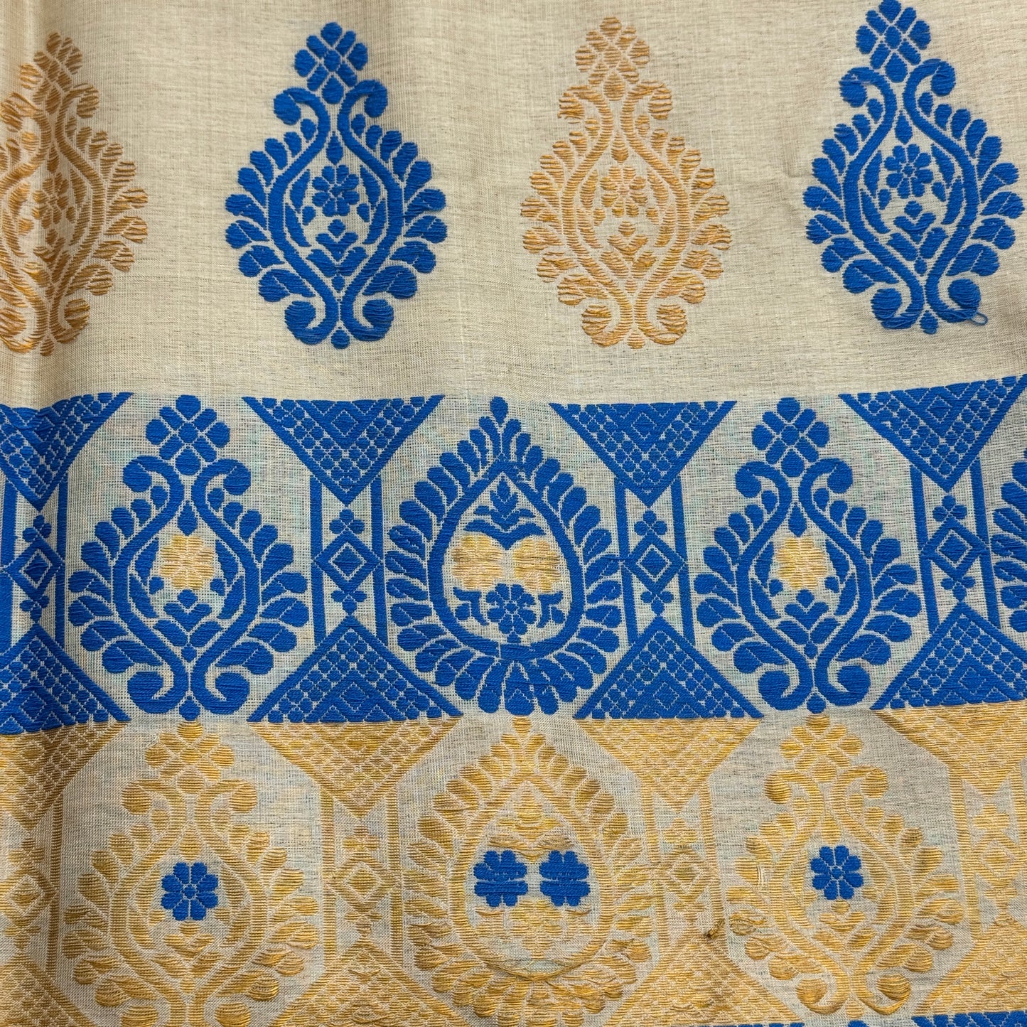 Assam Tussar Silk Saree with Royal Blue and Antique Gold Motifs