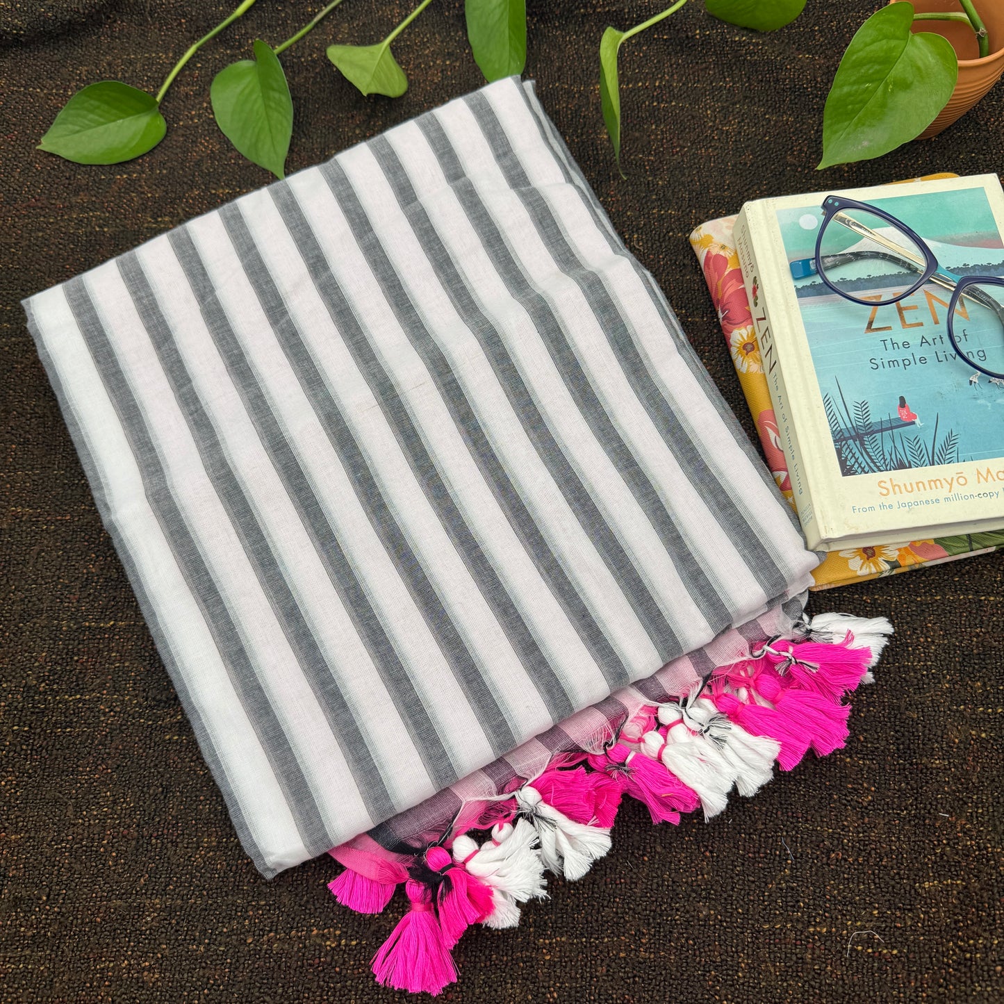 Pink & White Mul Cotton Sari with Grey Stripes
