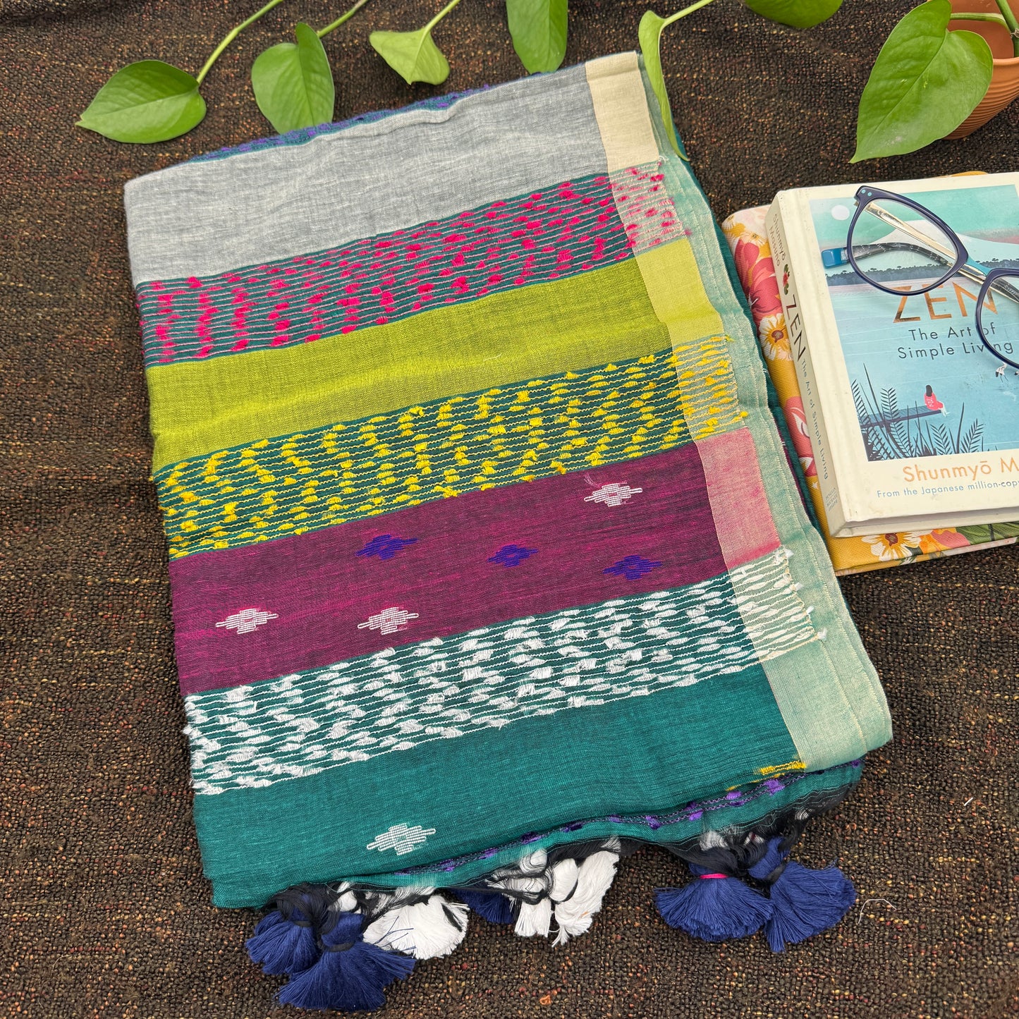 Green Handloom Cotton Saree with Multicolored Pallu